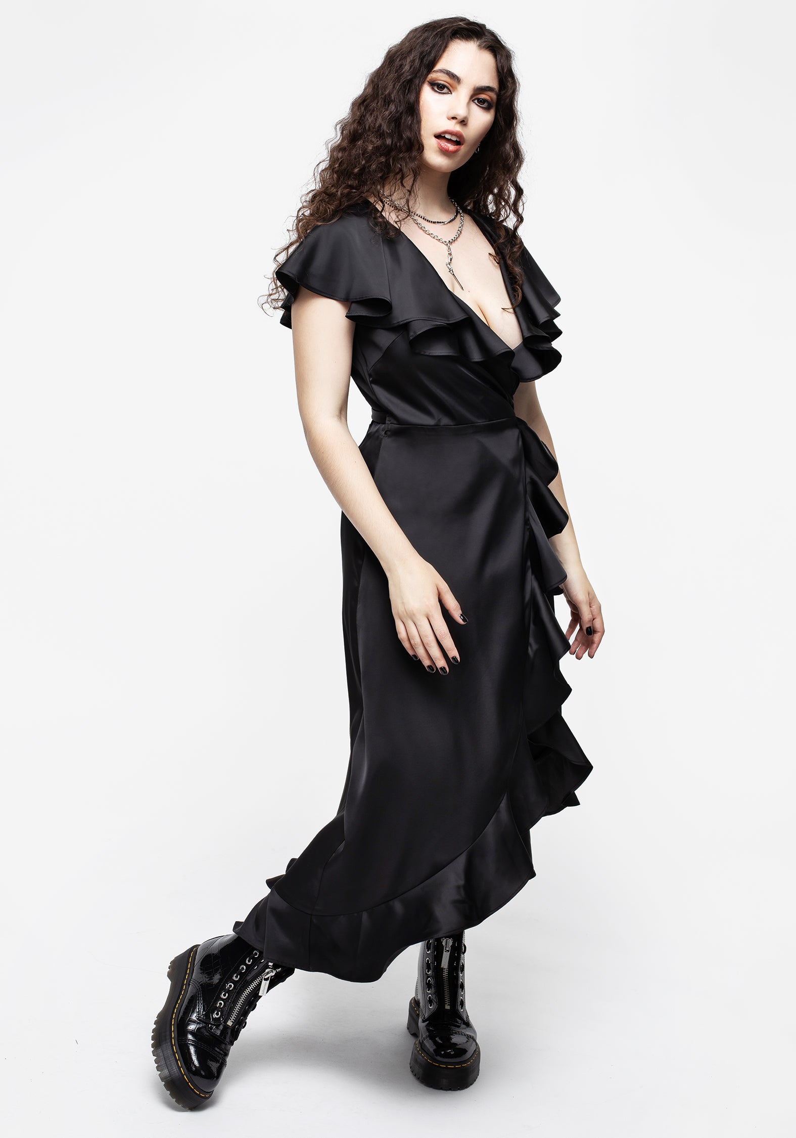 Satin Wrap Midi Dress with Ruffle Sleeves | Linnette