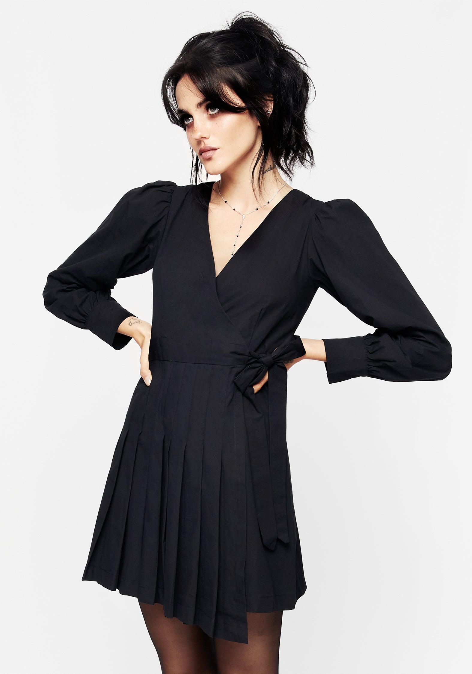 Black Pleated Wrap Mini Dress with Bishop Sleeves | Aporia