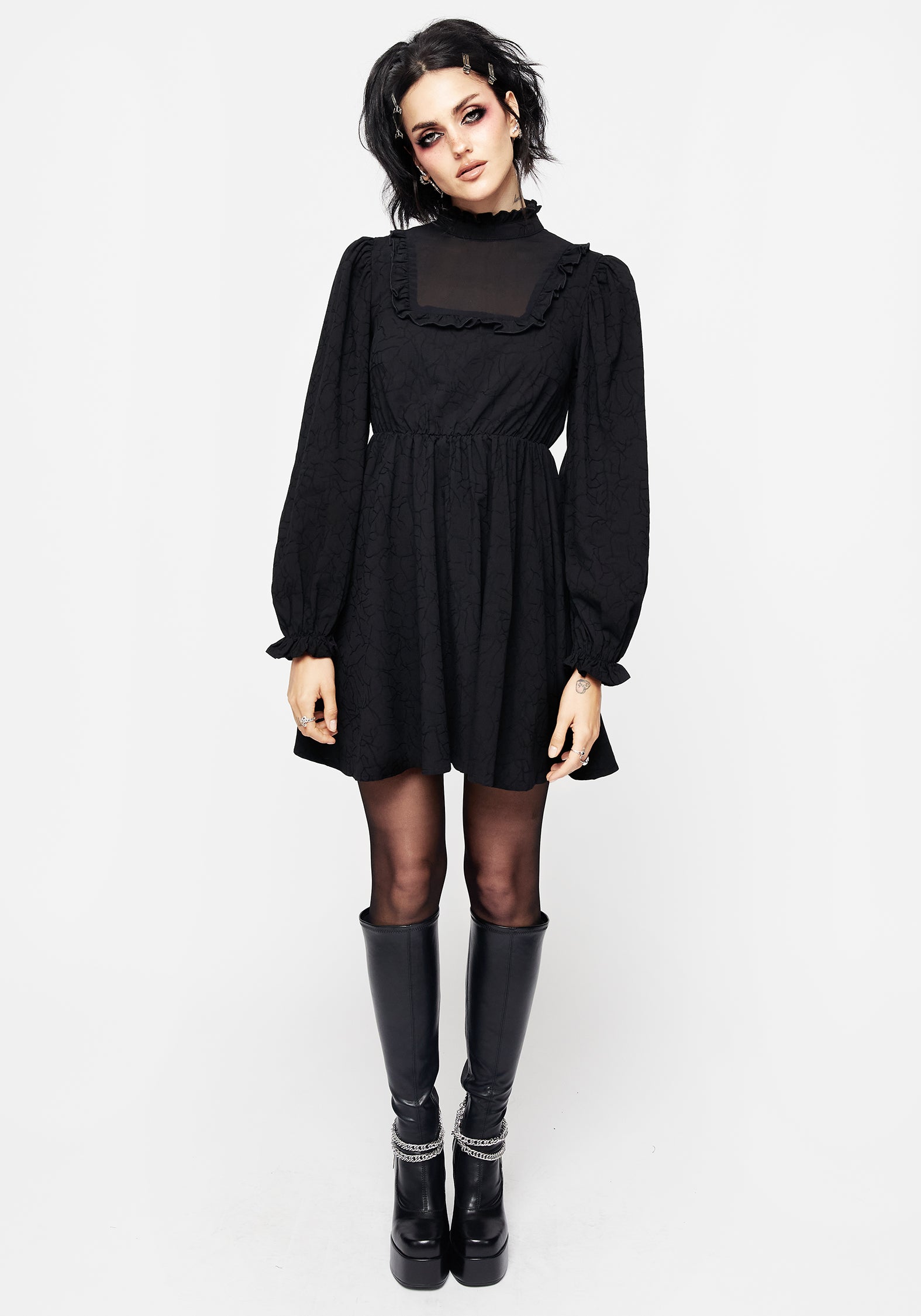 Black High Neck Lace Mini Dress with Puff Sleeves | Priscilla