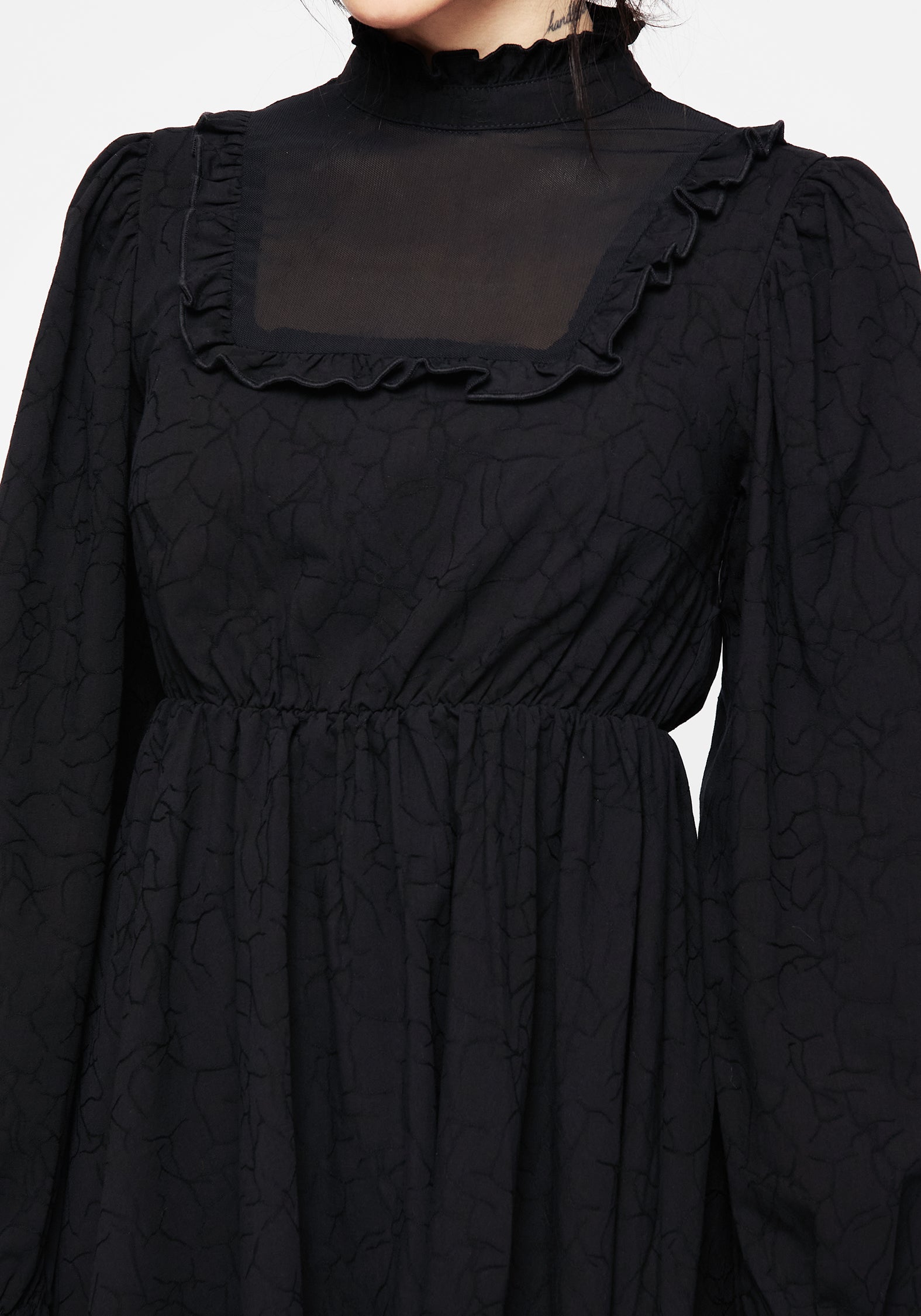 Black High Neck Lace Mini Dress with Puff Sleeves | Priscilla