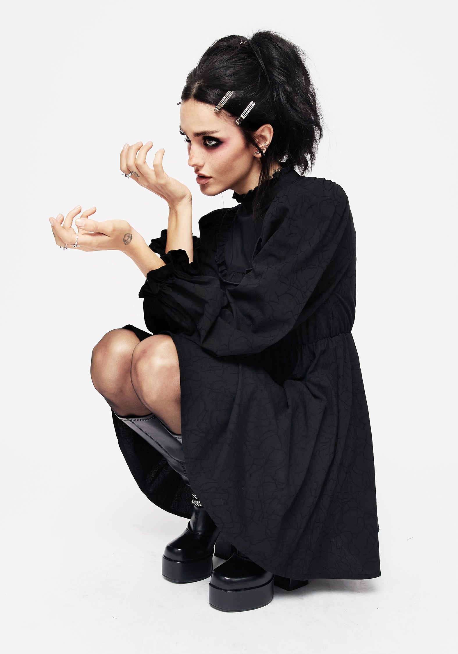 Black High Neck Lace Mini Dress with Puff Sleeves | Priscilla