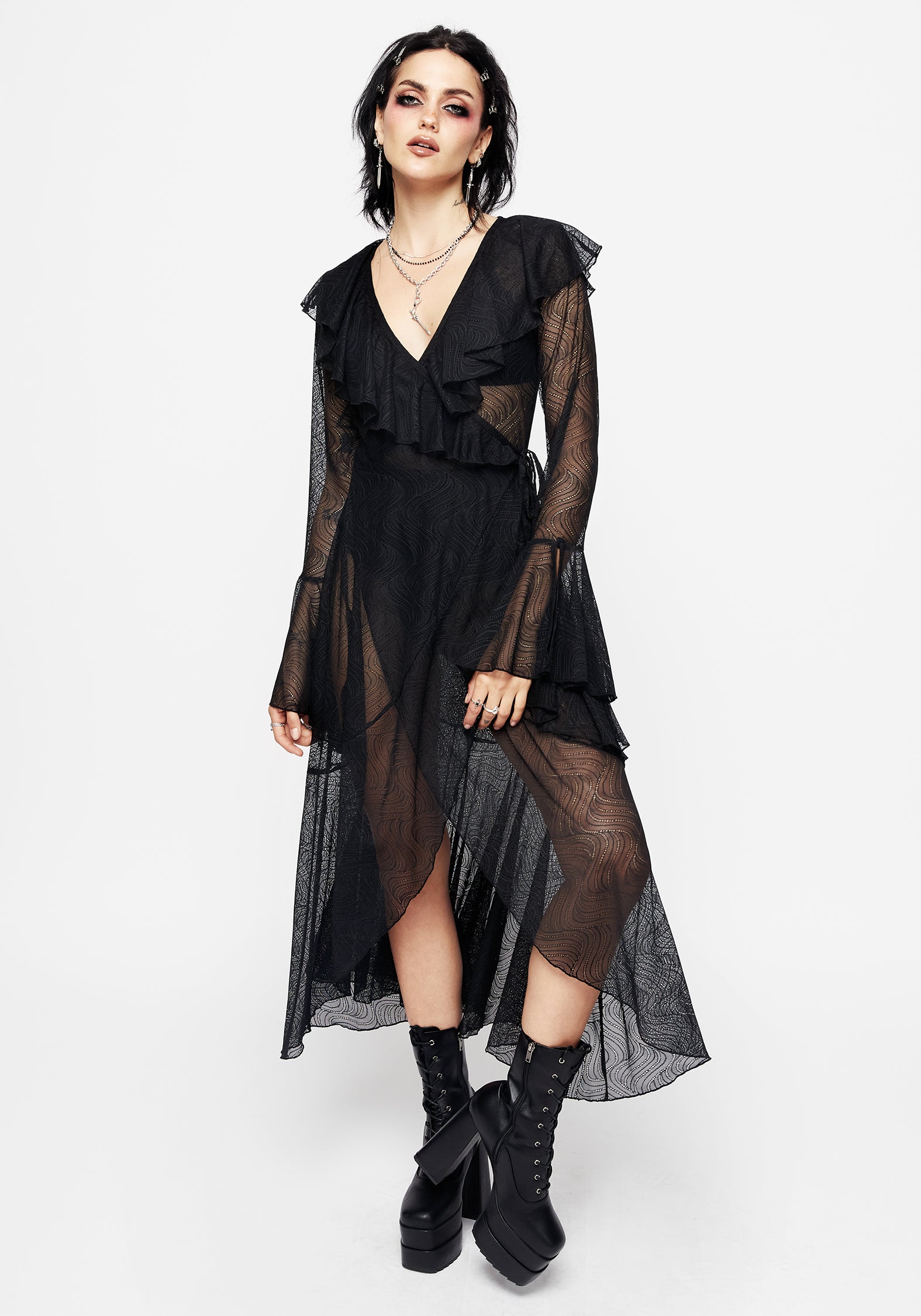 Black Sheer Ruffle Wrap Dress with V-Neckline & Long Sleeves | Pyracantha