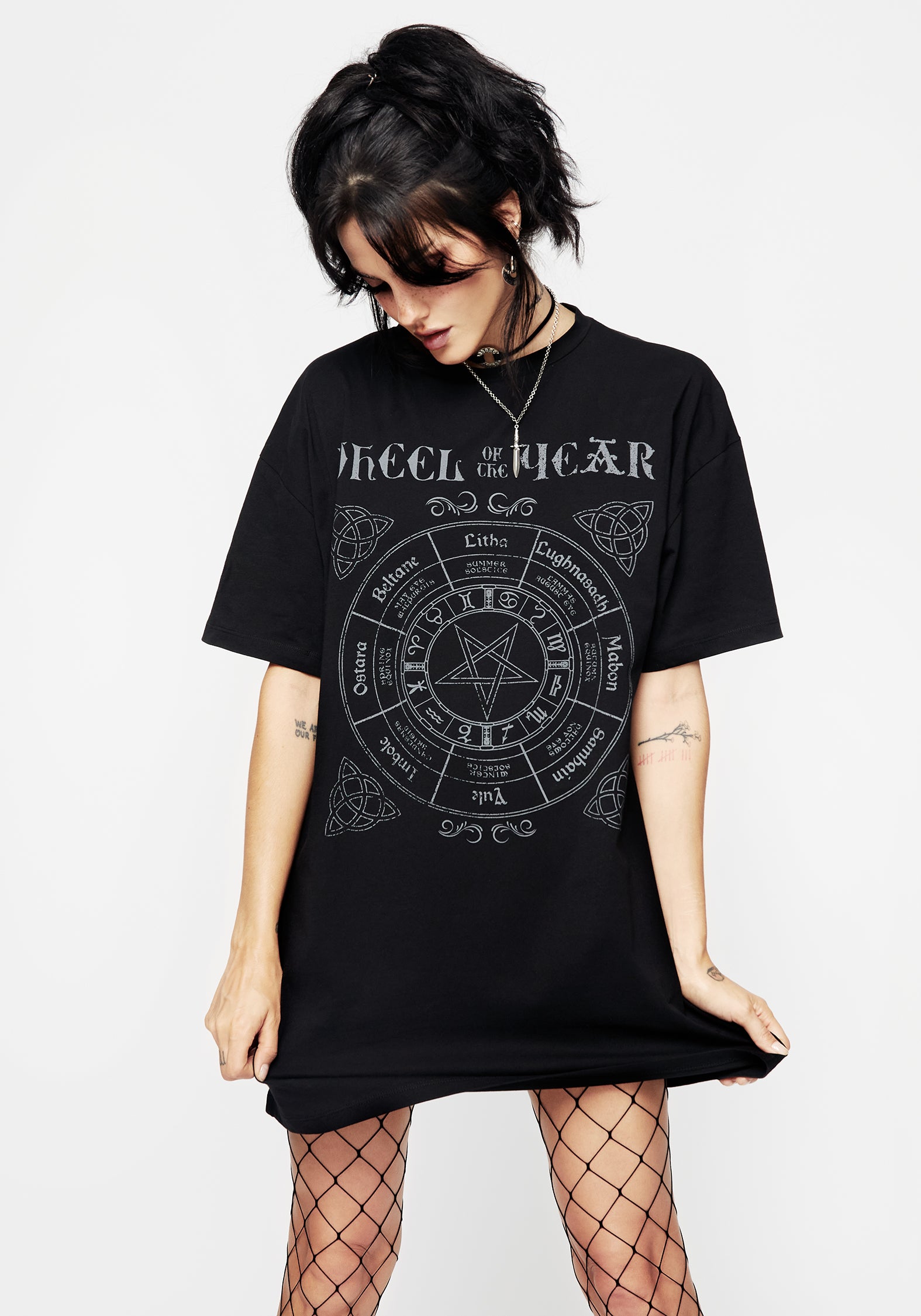 Black Graphic Print Tee Dress - Oversized Cotton with Wheel of the Year Design | Sabbat