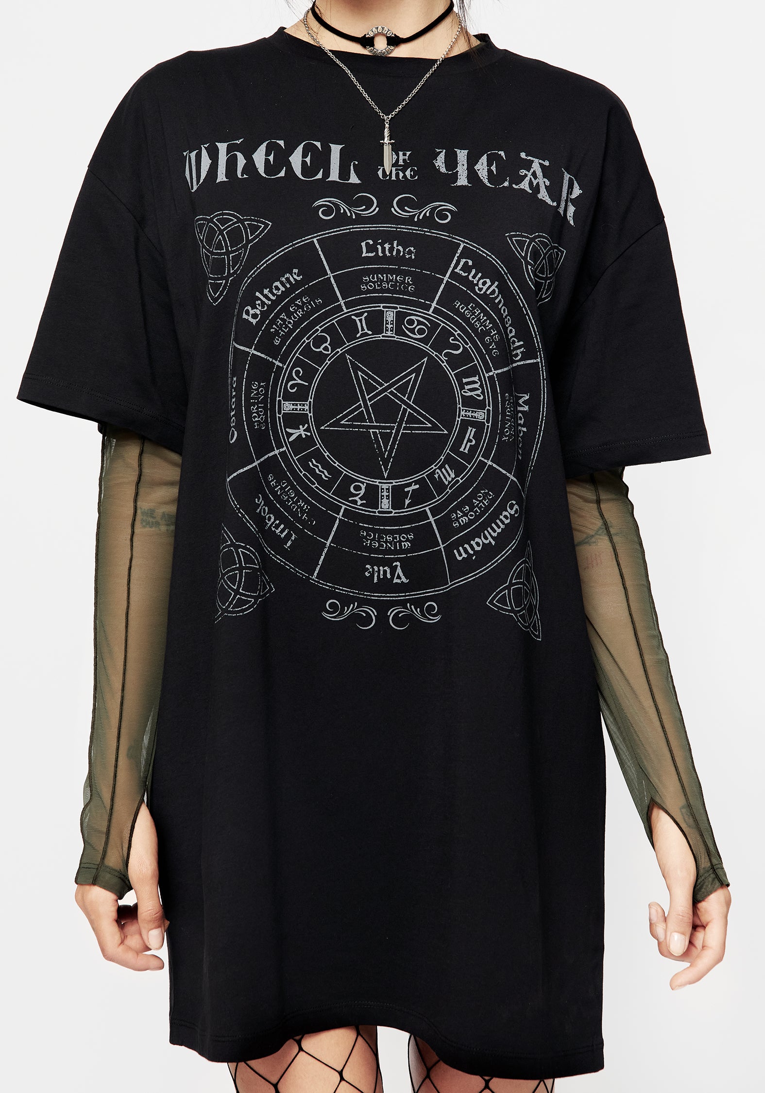 Black Graphic Print Tee Dress - Oversized Cotton with Wheel of the Year Design | Sabbat