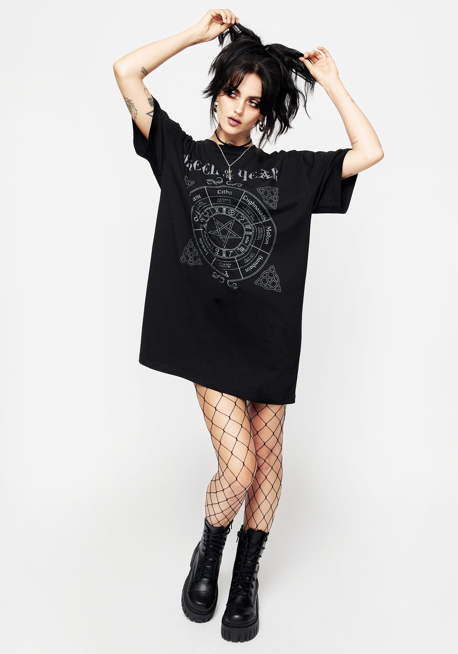Black Graphic Print Tee Dress - Oversized Cotton with Wheel of the Year Design | Sabbat