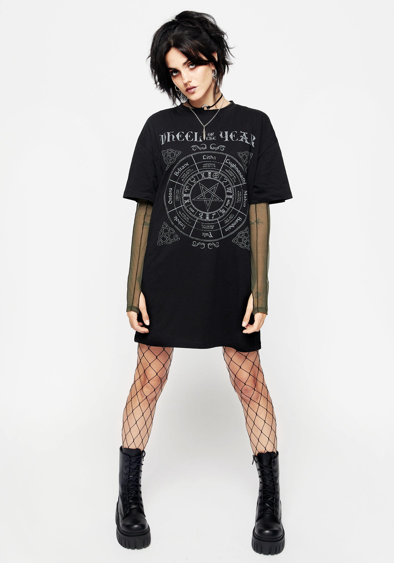 Black Graphic Print Tee Dress - Oversized Cotton with Wheel of the Year Design | Sabbat
