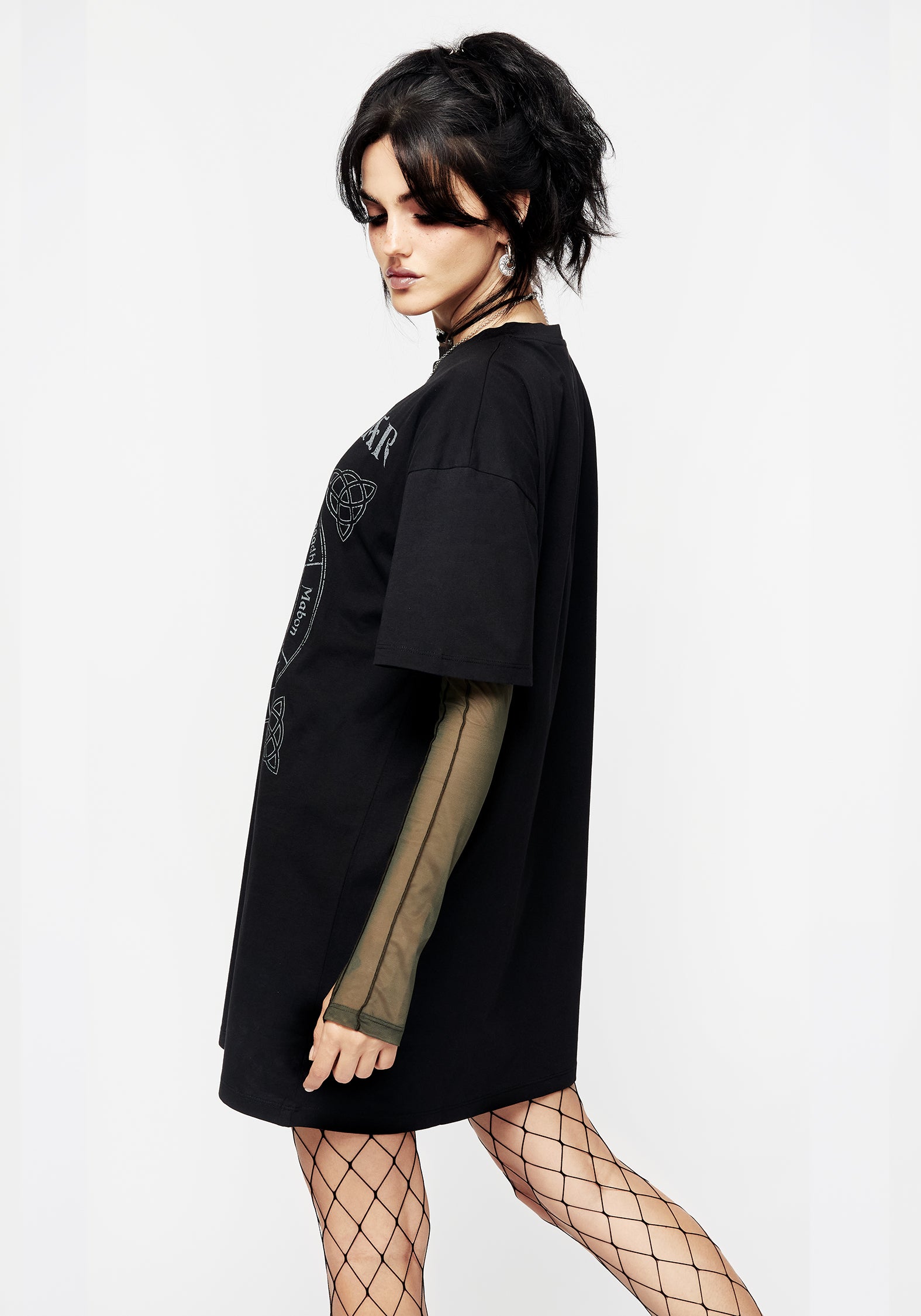 Black Graphic Print Tee Dress - Oversized Cotton with Wheel of the Year Design | Sabbat