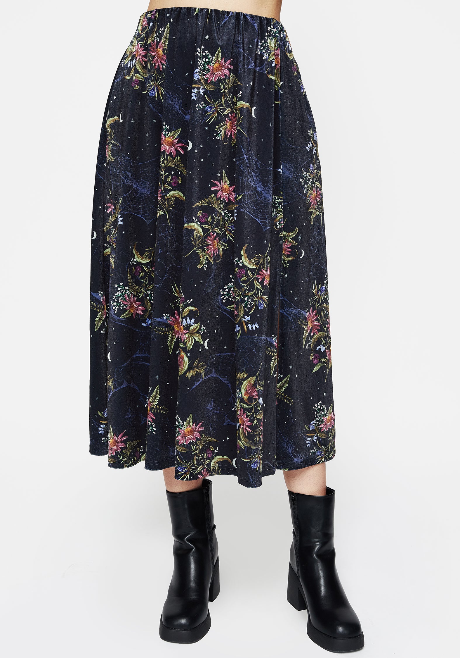 Floral Velour Midi Skirt with Side Split | Cleome Spiderweb