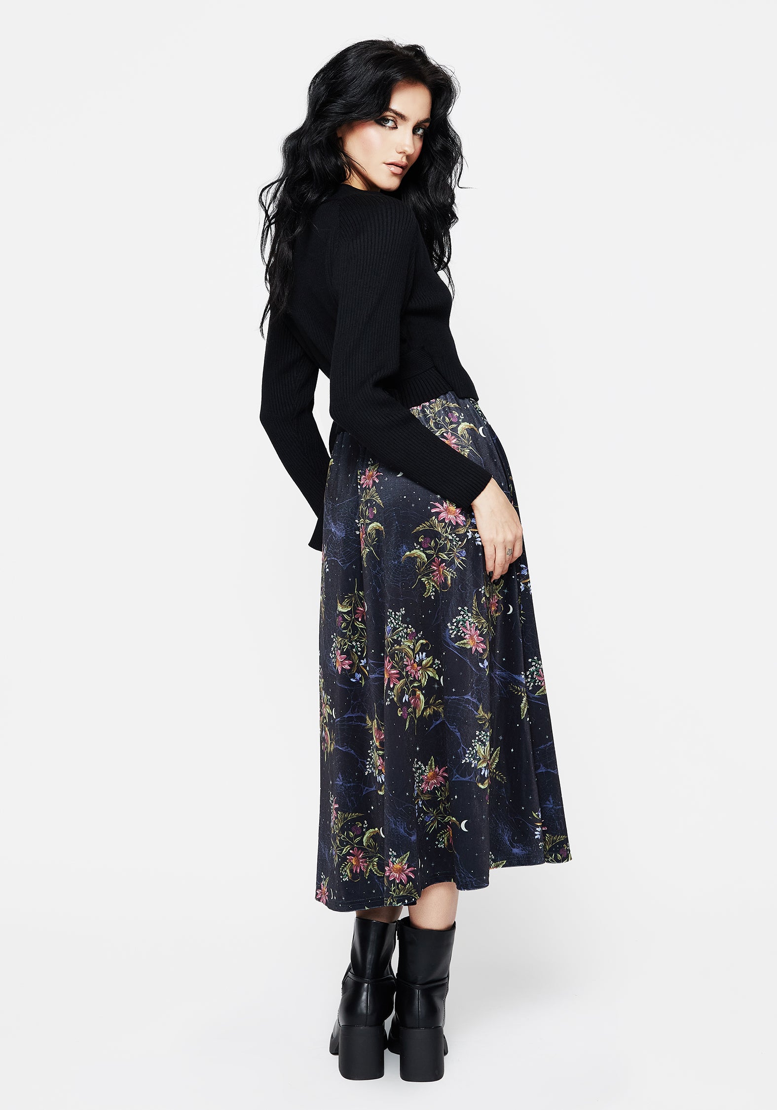 Floral Velour Midi Skirt with Side Split | Cleome Spiderweb