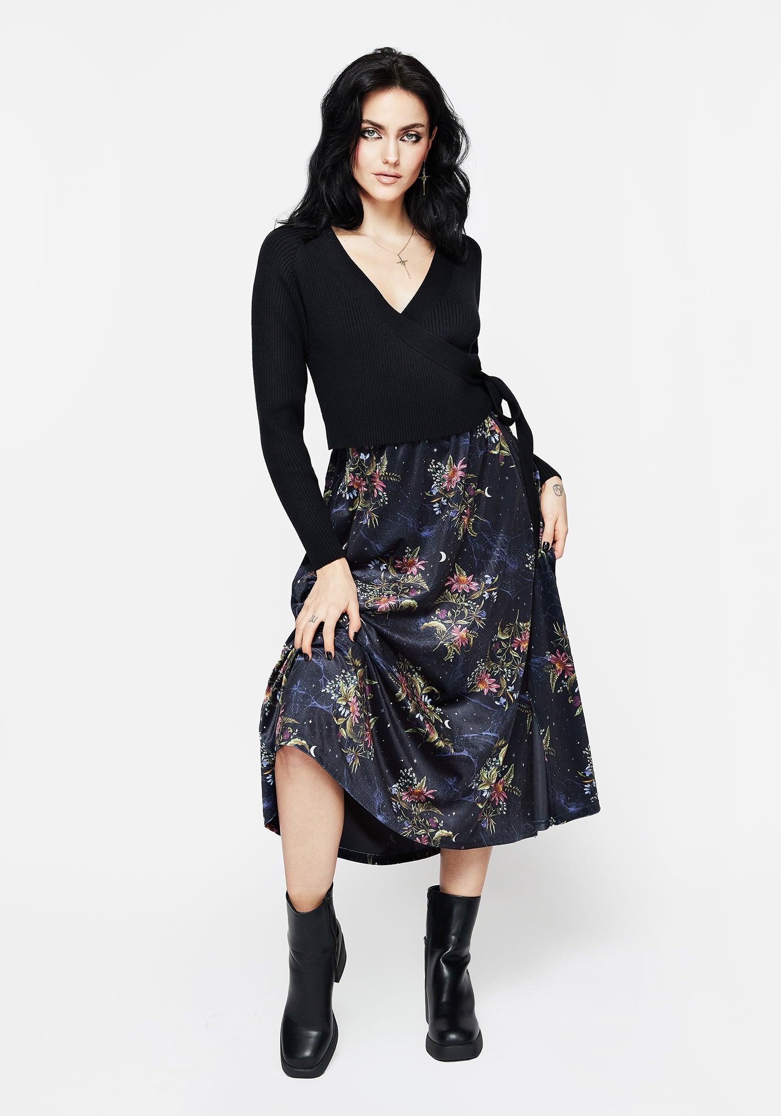 Floral Velour Midi Skirt with Side Split | Cleome Spiderweb