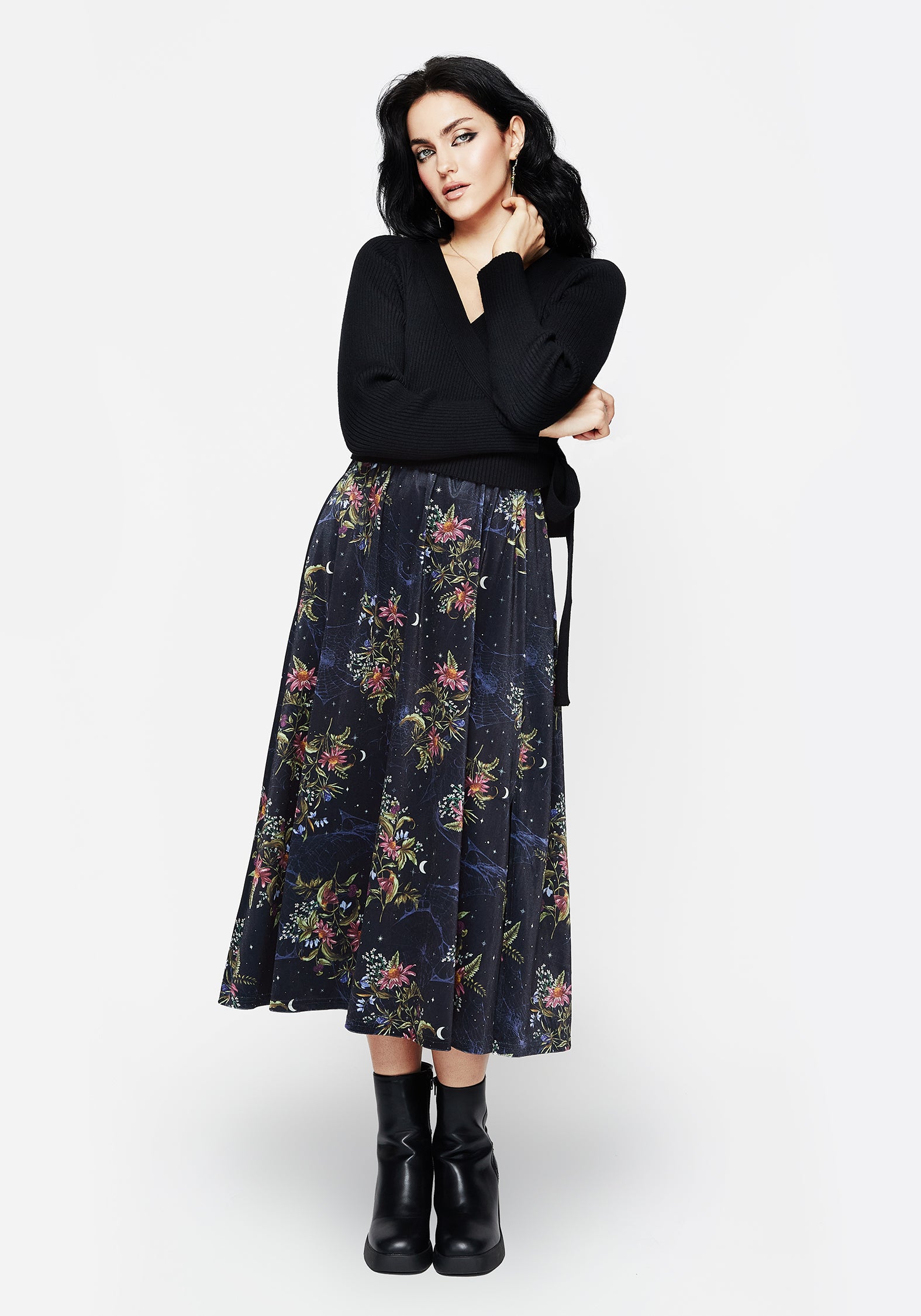 Floral Velour Midi Skirt with Side Split | Cleome Spiderweb