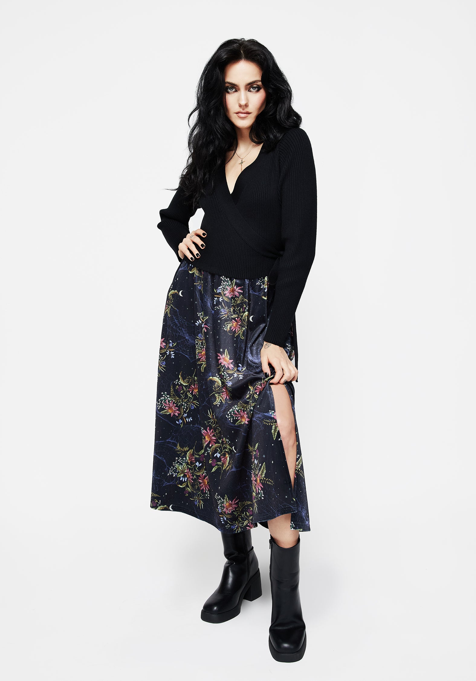 Floral Velour Midi Skirt with Side Split | Cleome Spiderweb