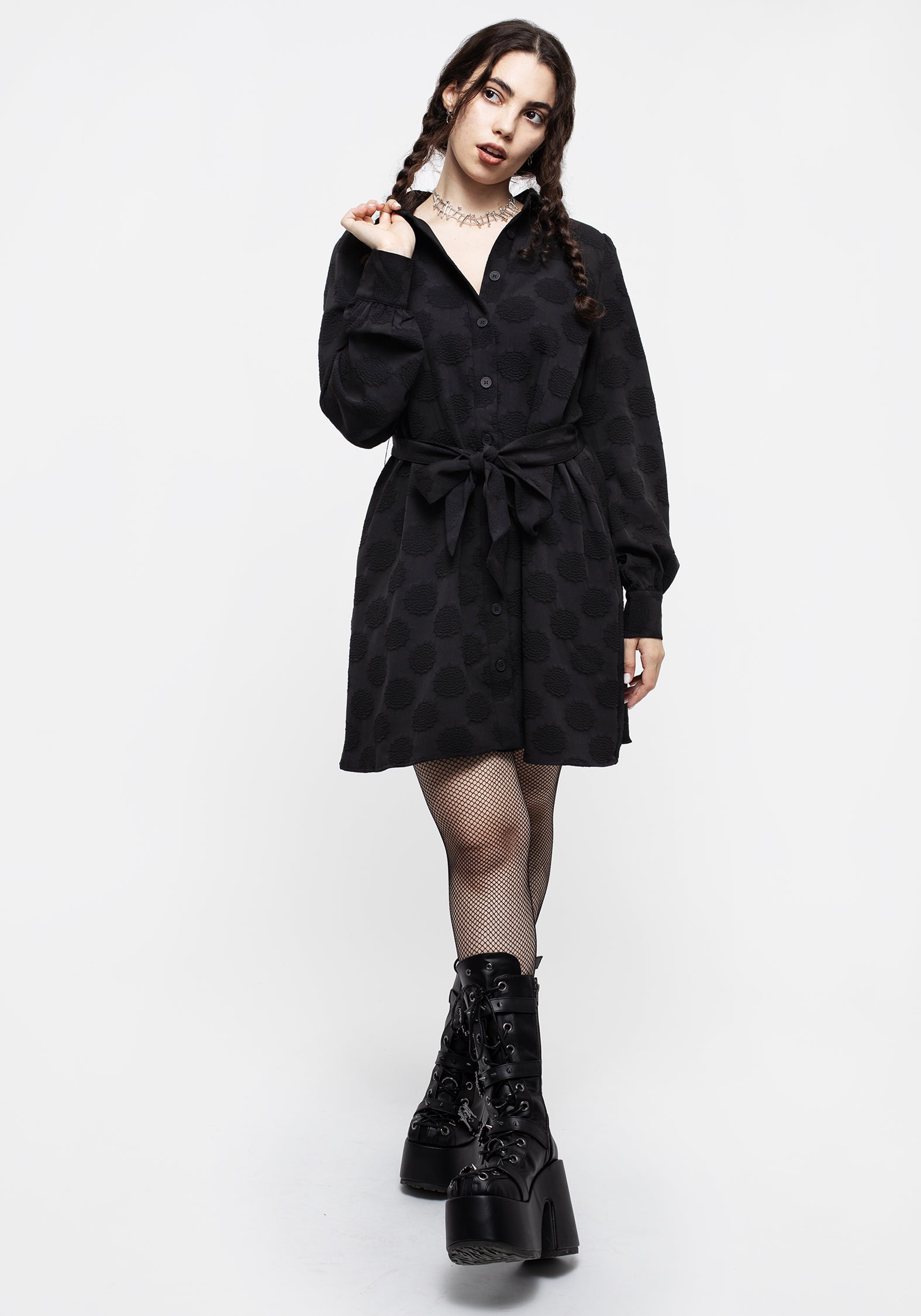 Spiderweb Jacquard Mini Shirt Dress with Belt | Arachnida