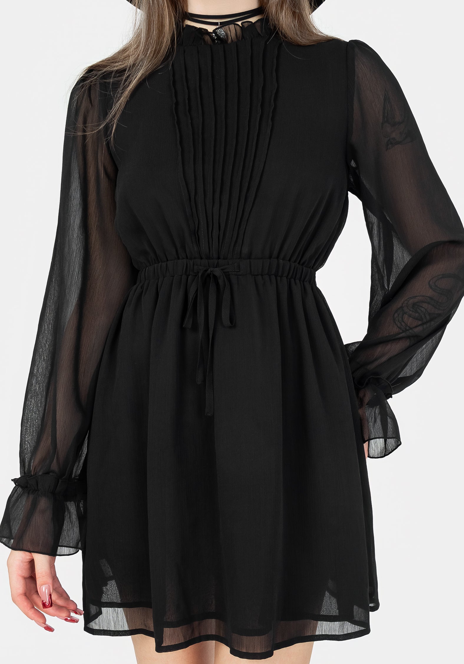 Black Pintuck Ruffle Mini Dress with Long Sleeves | Spirit Sheer