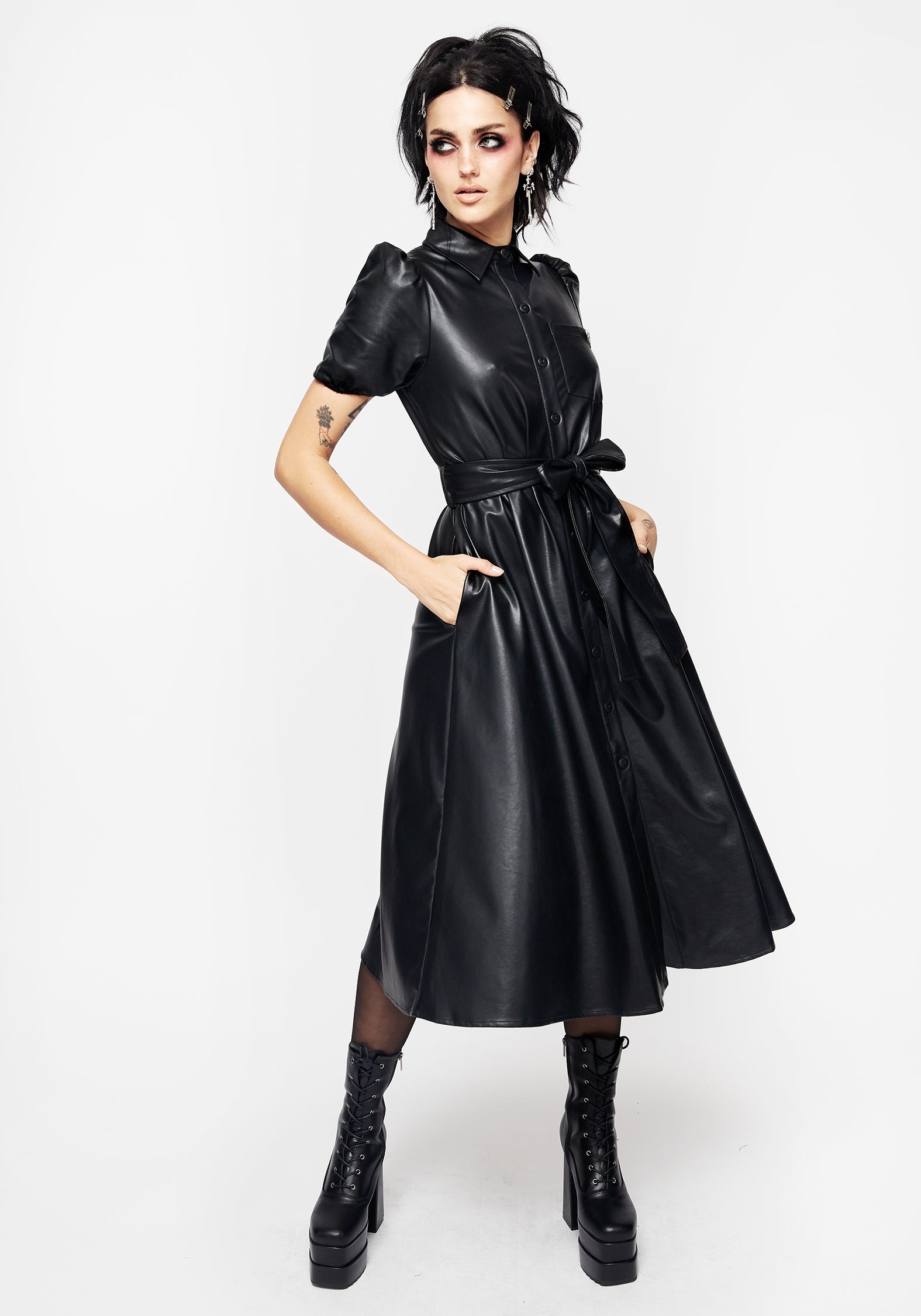 PU Leather Midi Shirt Dress with Ouija Charm | Sharon