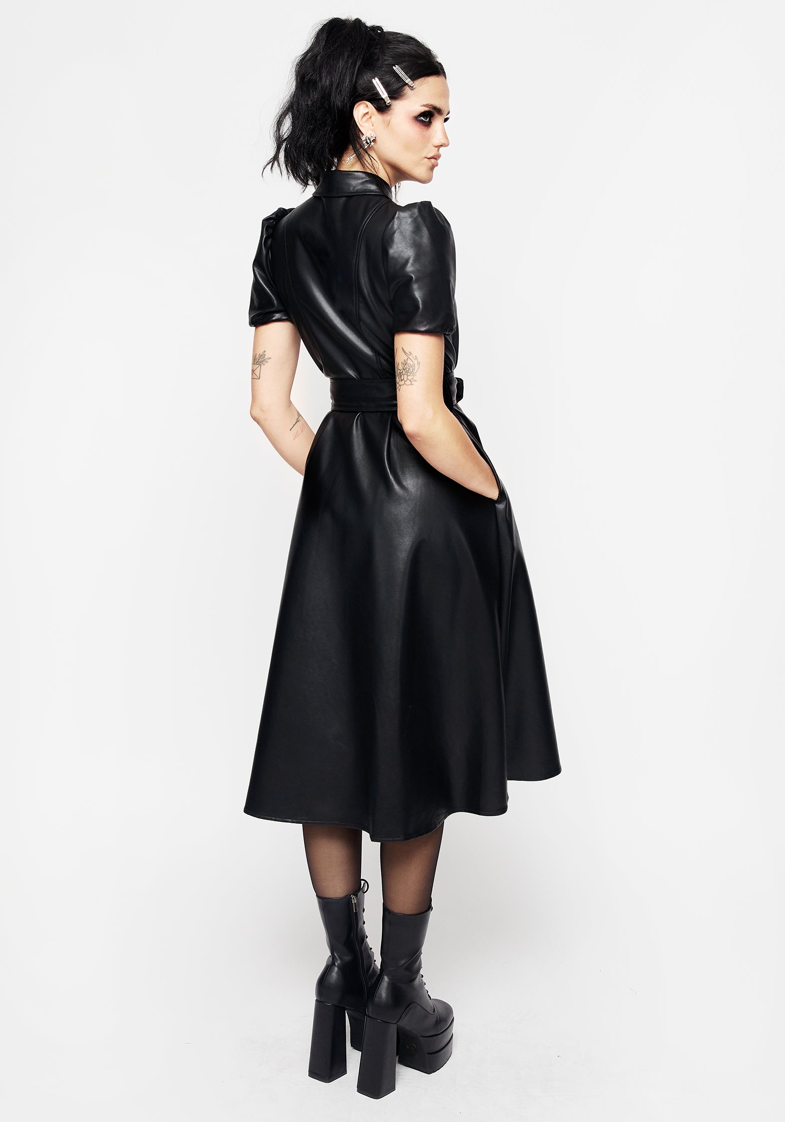 PU Leather Midi Shirt Dress with Ouija Charm | Sharon