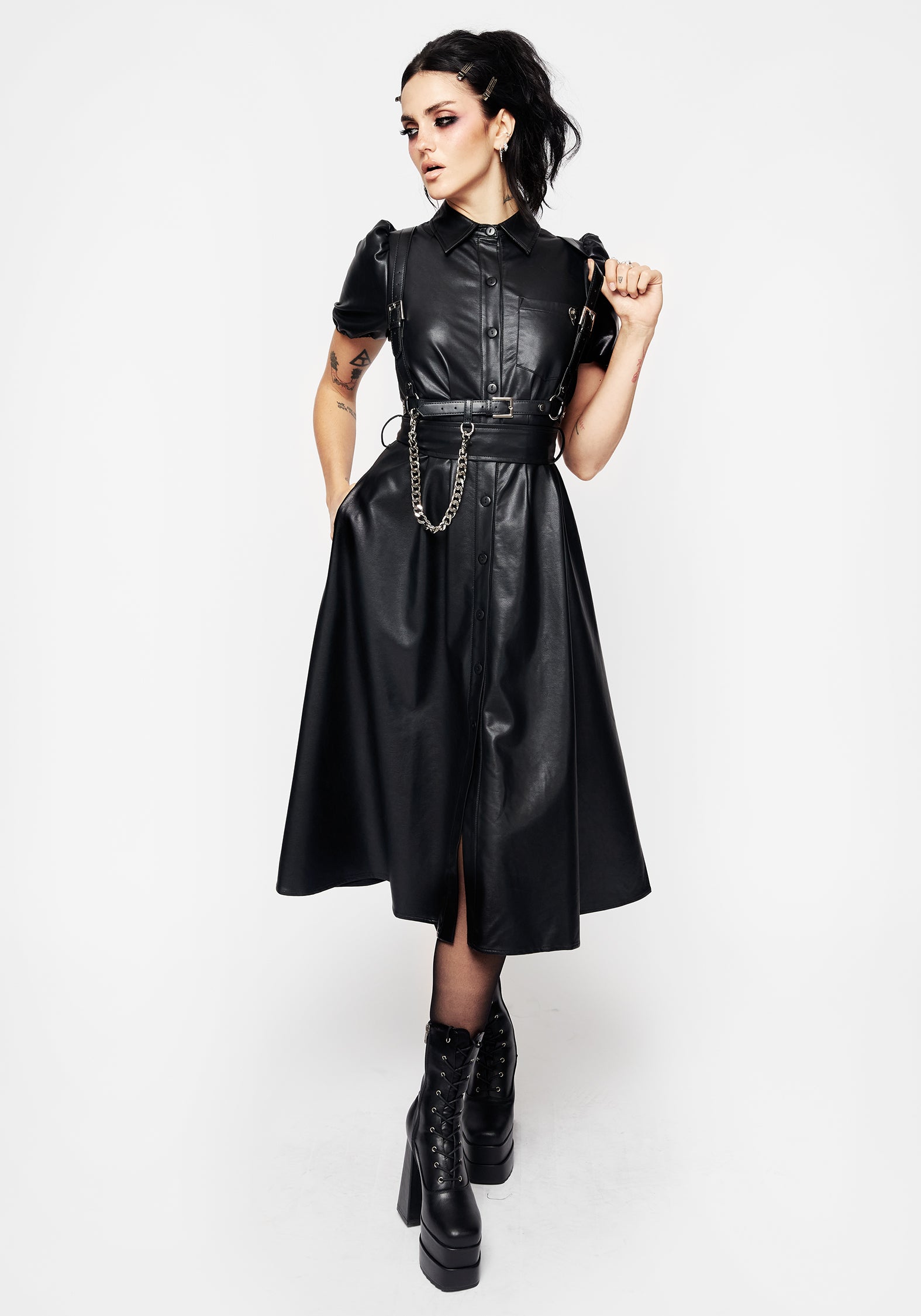 PU Leather Midi Shirt Dress with Ouija Charm | Sharon