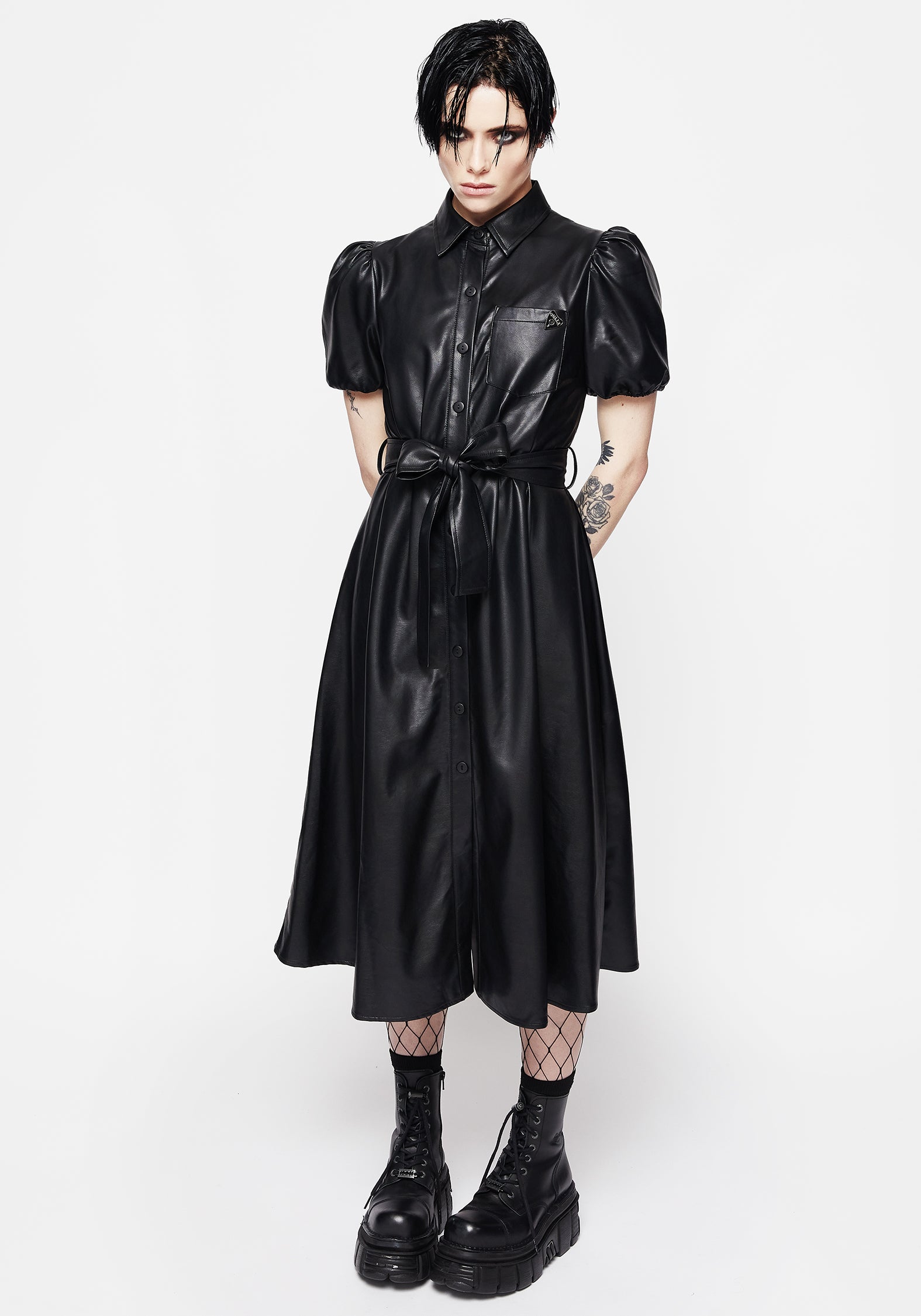 PU Leather Midi Shirt Dress with Ouija Charm | Sharon