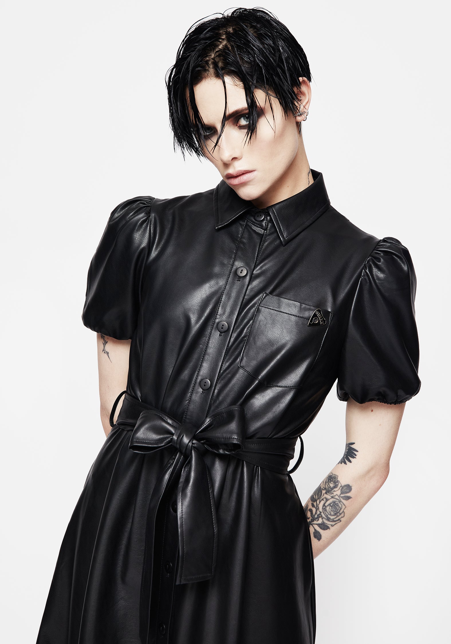 PU Leather Midi Shirt Dress with Ouija Charm | Sharon