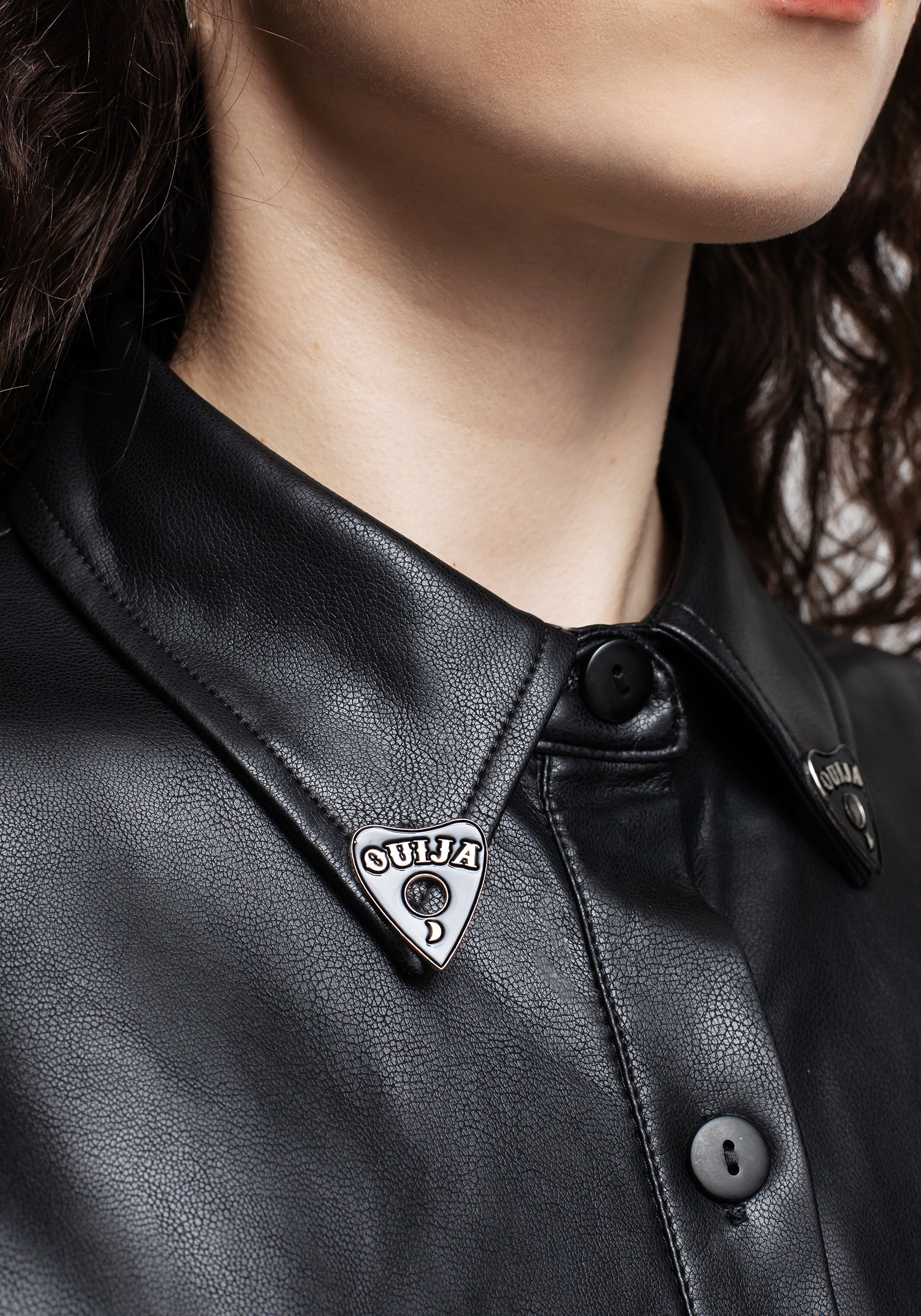 PU Leather Mini Shirt Dress with Ouija Charms & Puff Sleeves | Sharon