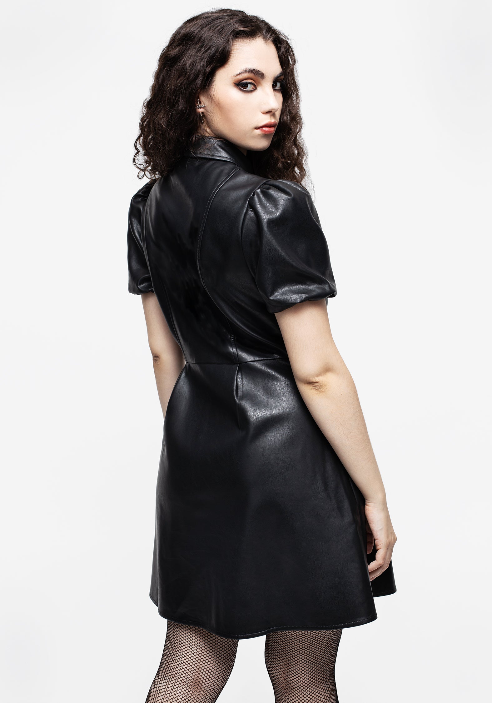 PU Leather Mini Shirt Dress with Ouija Charms & Puff Sleeves | Sharon