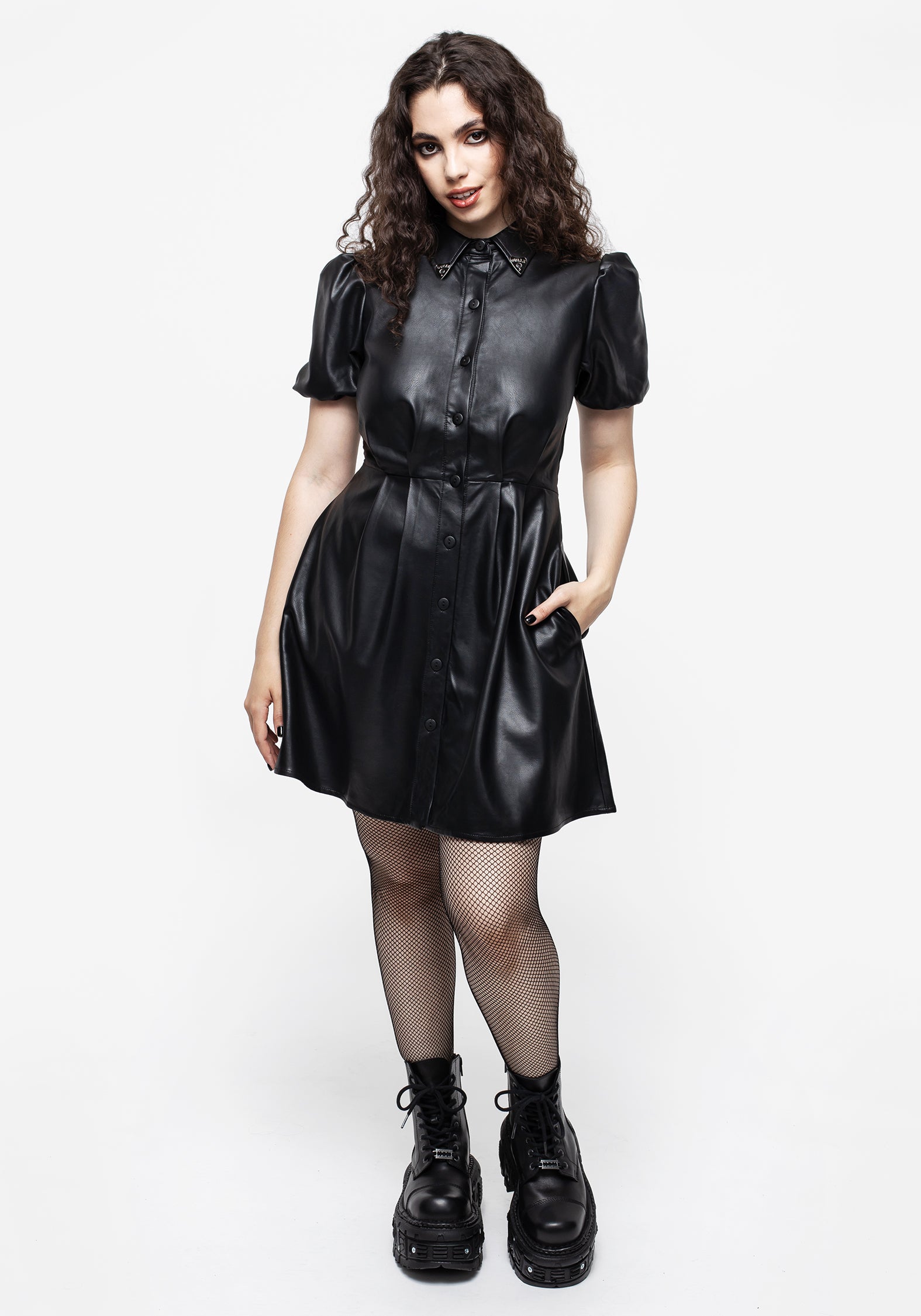 PU Leather Mini Shirt Dress with Ouija Charms & Puff Sleeves | Sharon