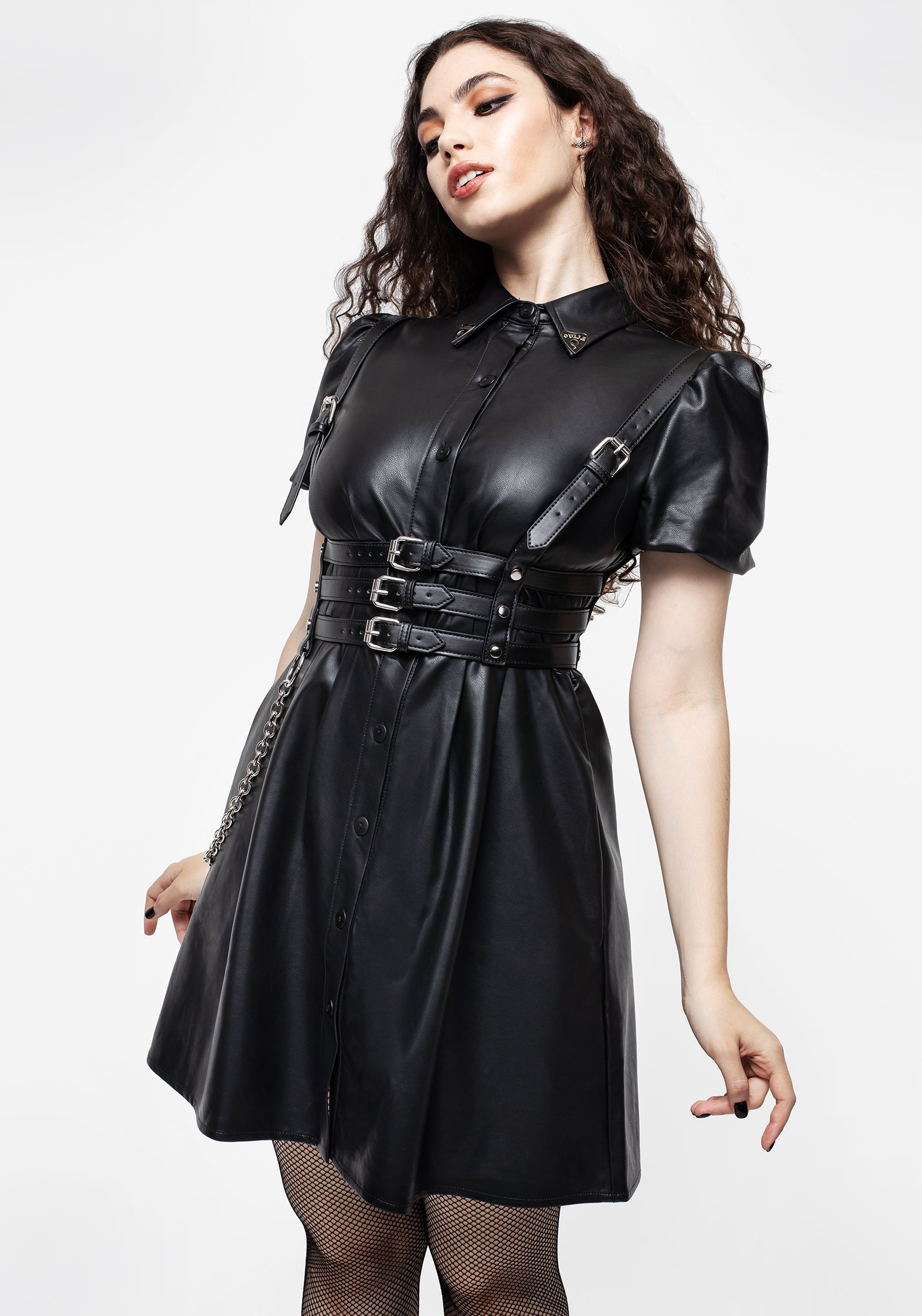 PU Leather Mini Shirt Dress with Ouija Charms & Puff Sleeves | Sharon