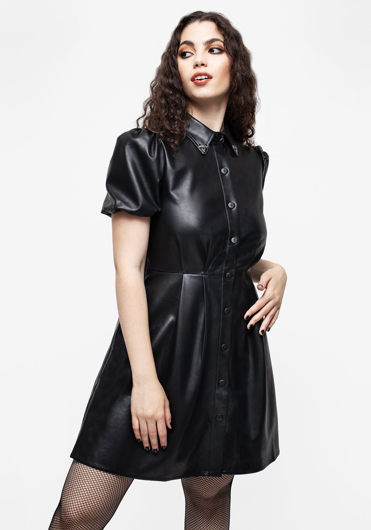 PU Leather Mini Shirt Dress with Ouija Charms & Puff Sleeves | Sharon