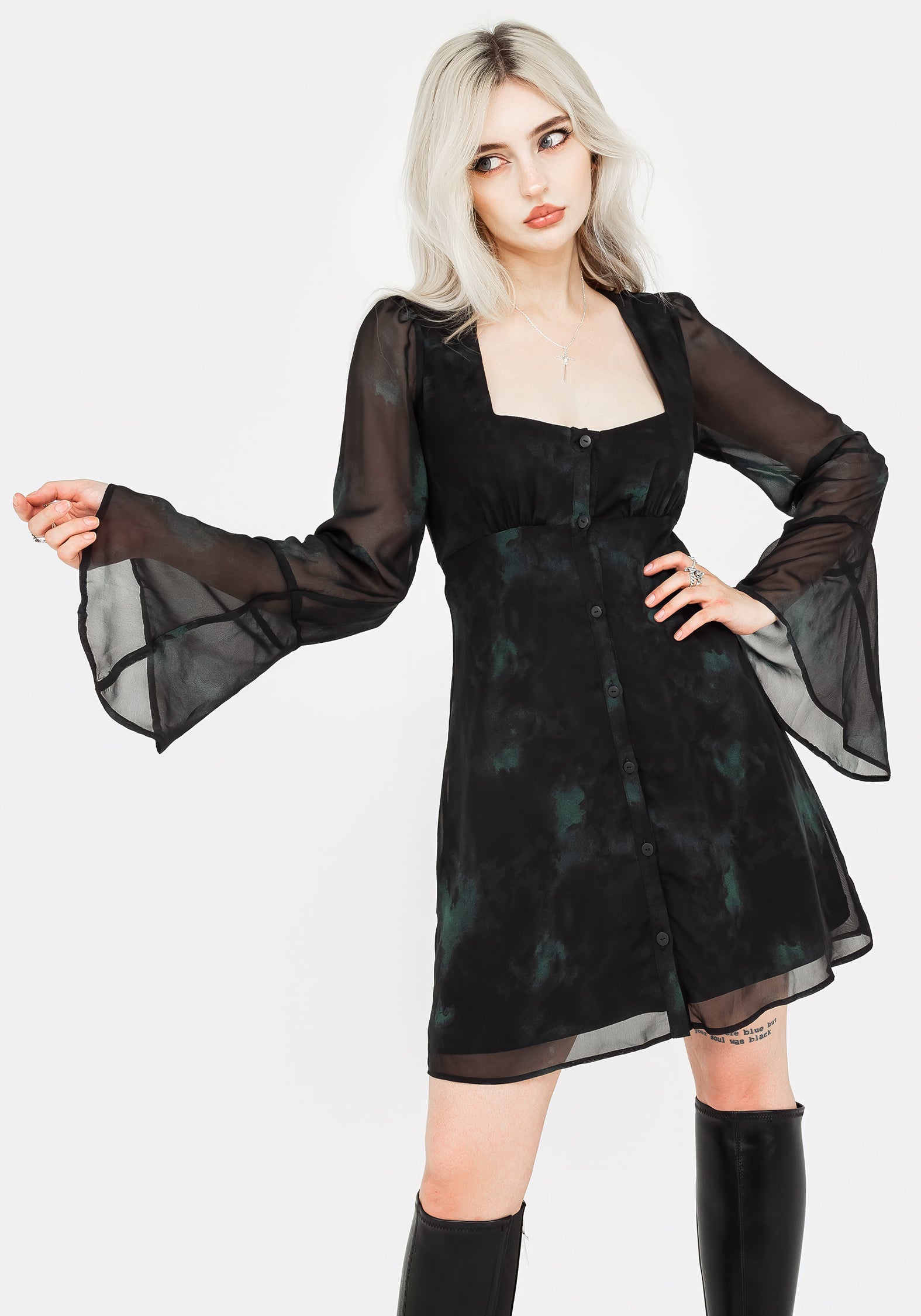 Green & Black Chiffon Mini Dress with Bell Sleeves | Lichen