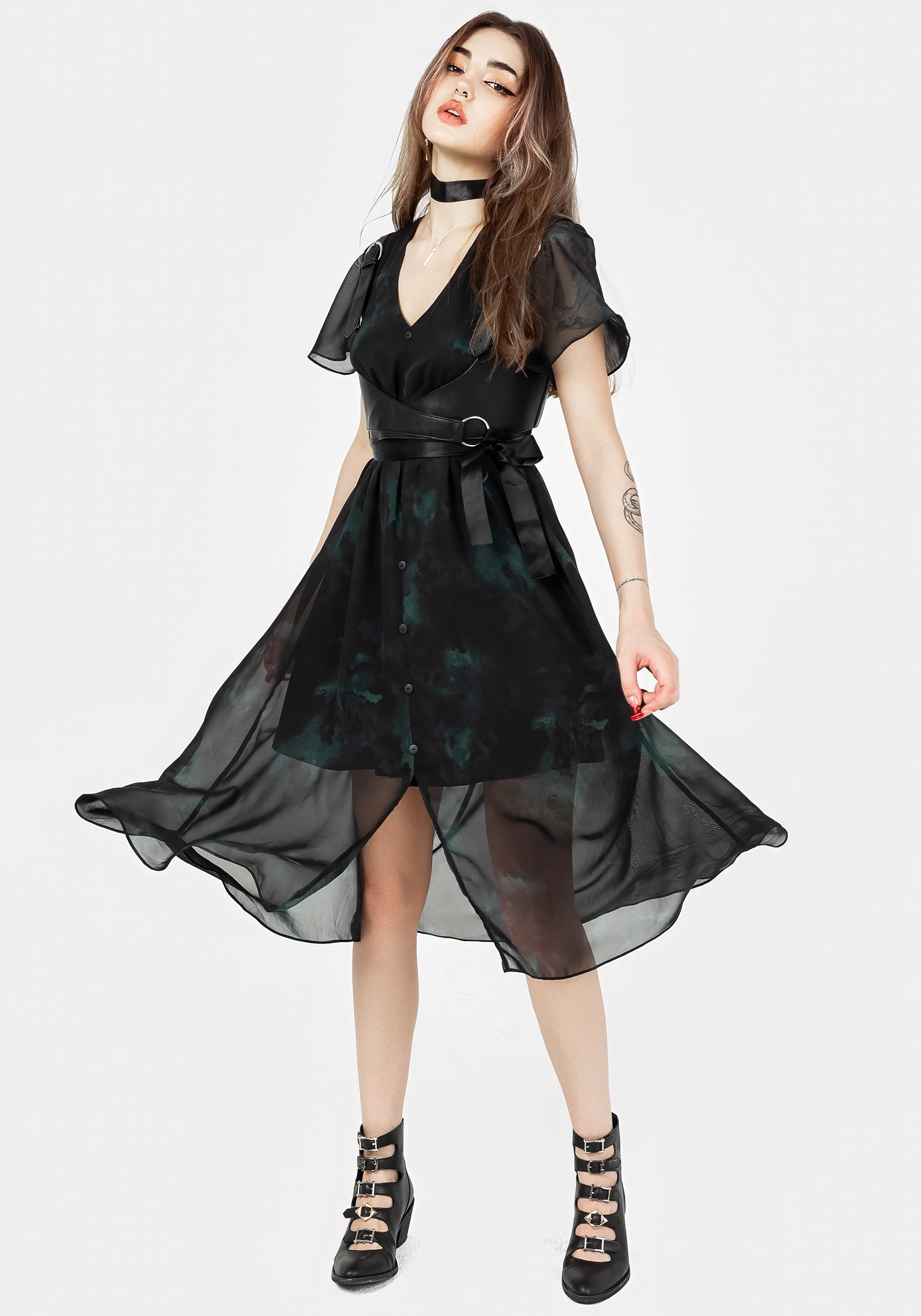 Green & Black Chiffon Midi Dress with V-Neck & Button Front | Liubov
