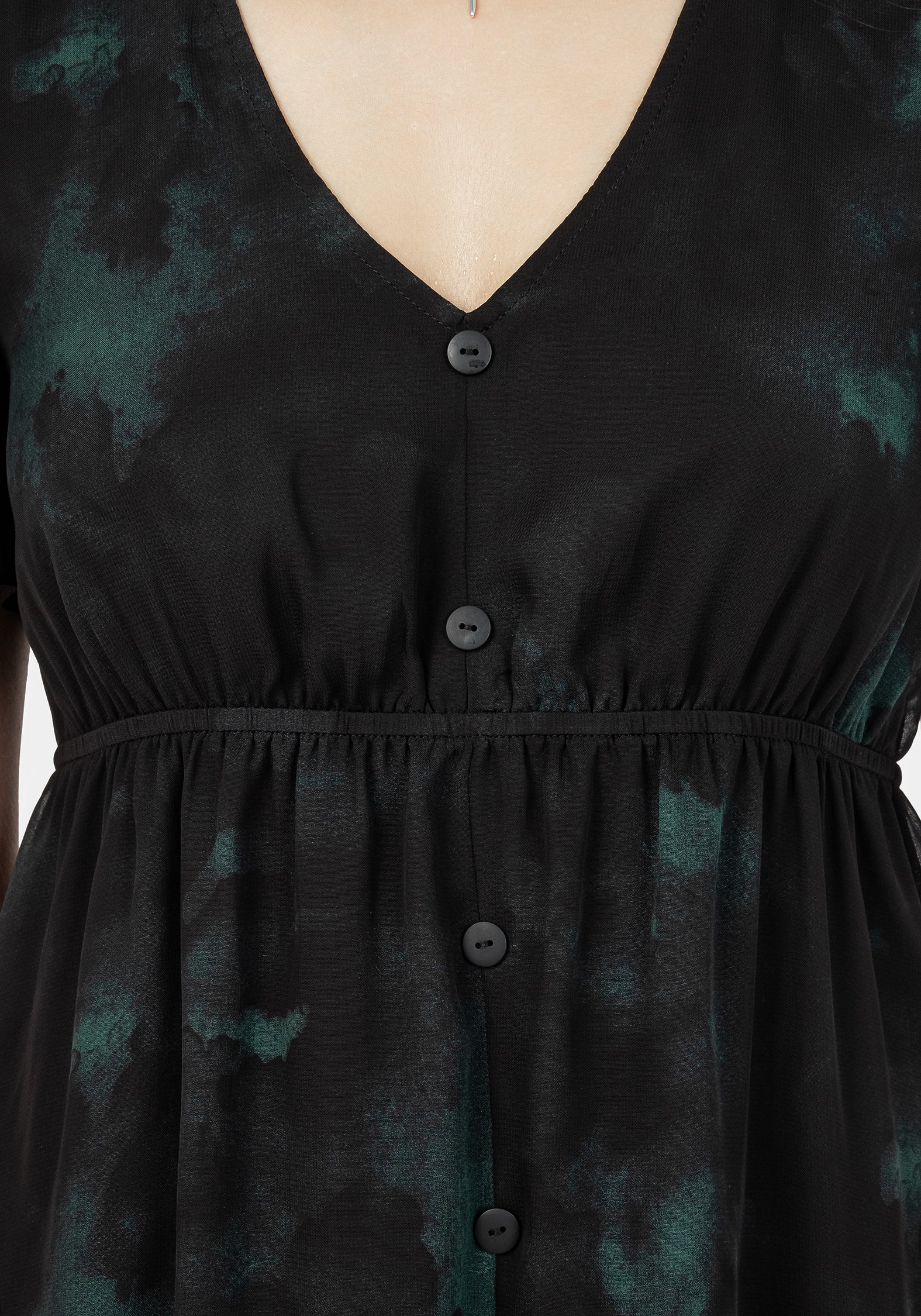 Green & Black Chiffon Midi Dress with V-Neck & Button Front | Liubov