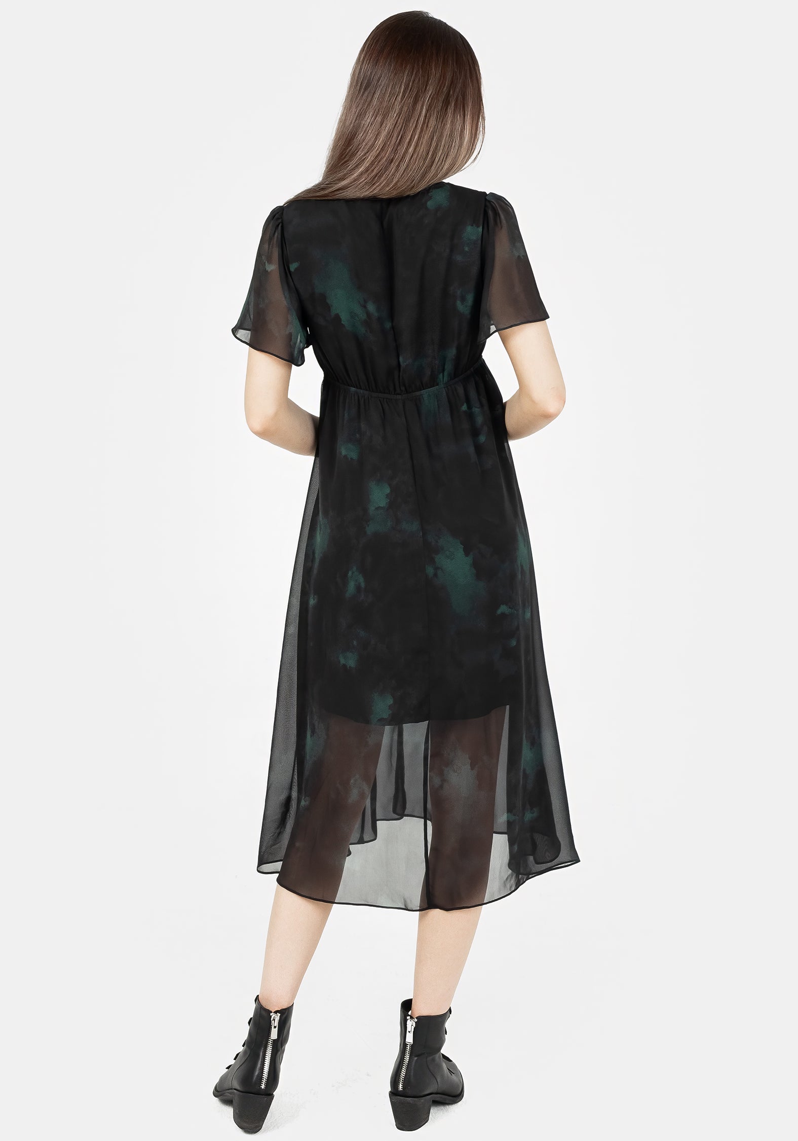 Green & Black Chiffon Midi Dress with V-Neck & Button Front | Liubov