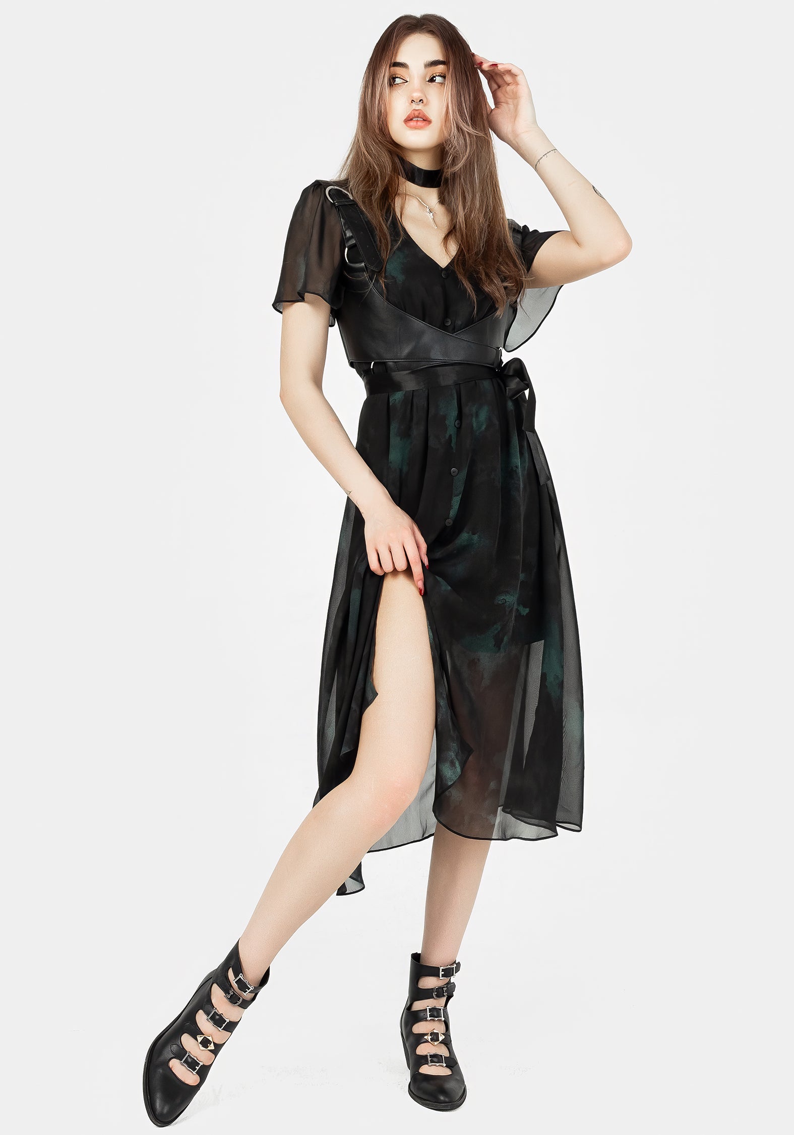 Green & Black Chiffon Midi Dress with V-Neck & Button Front | Liubov