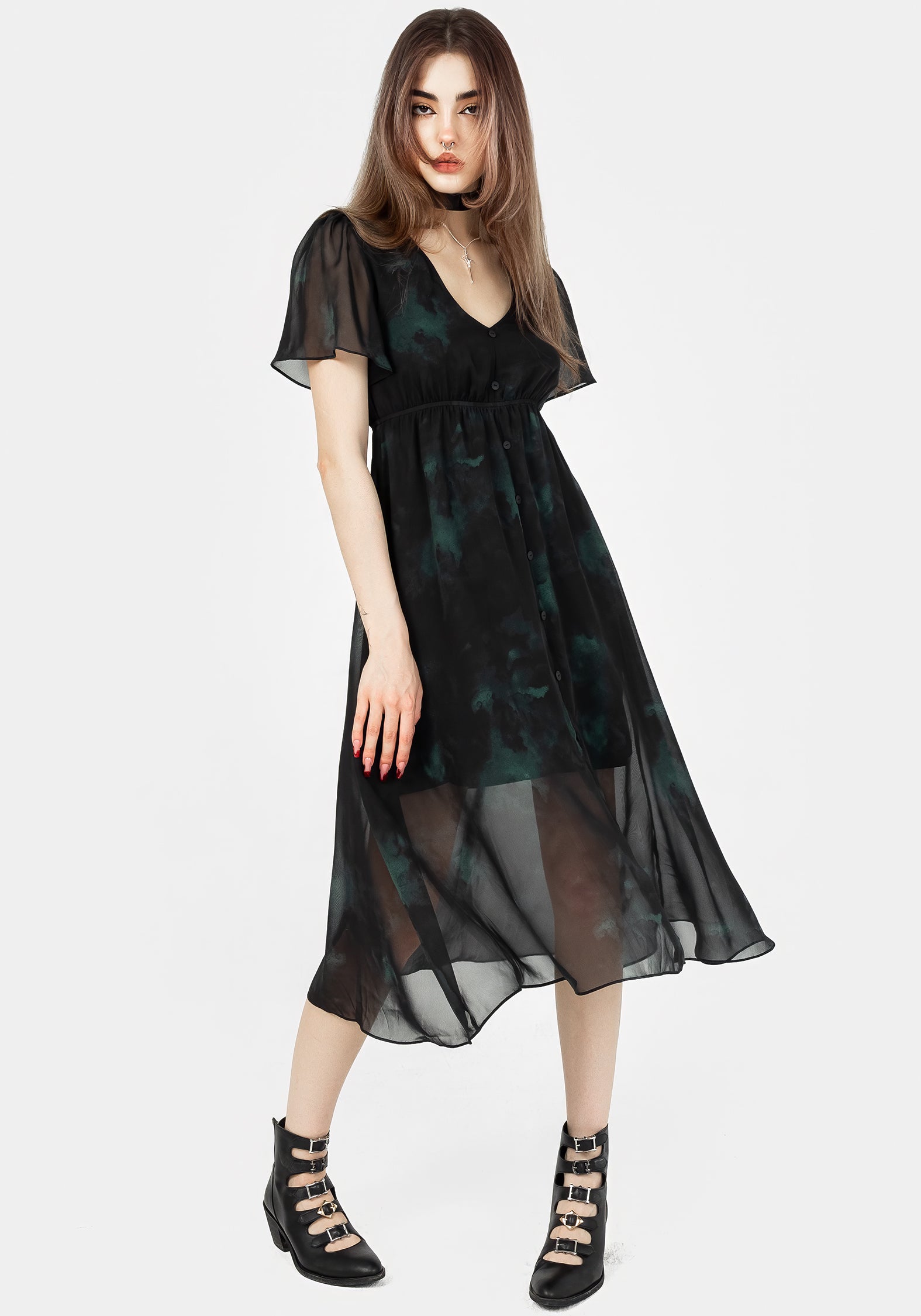 Green & Black Chiffon Midi Dress with V-Neck & Button Front | Liubov