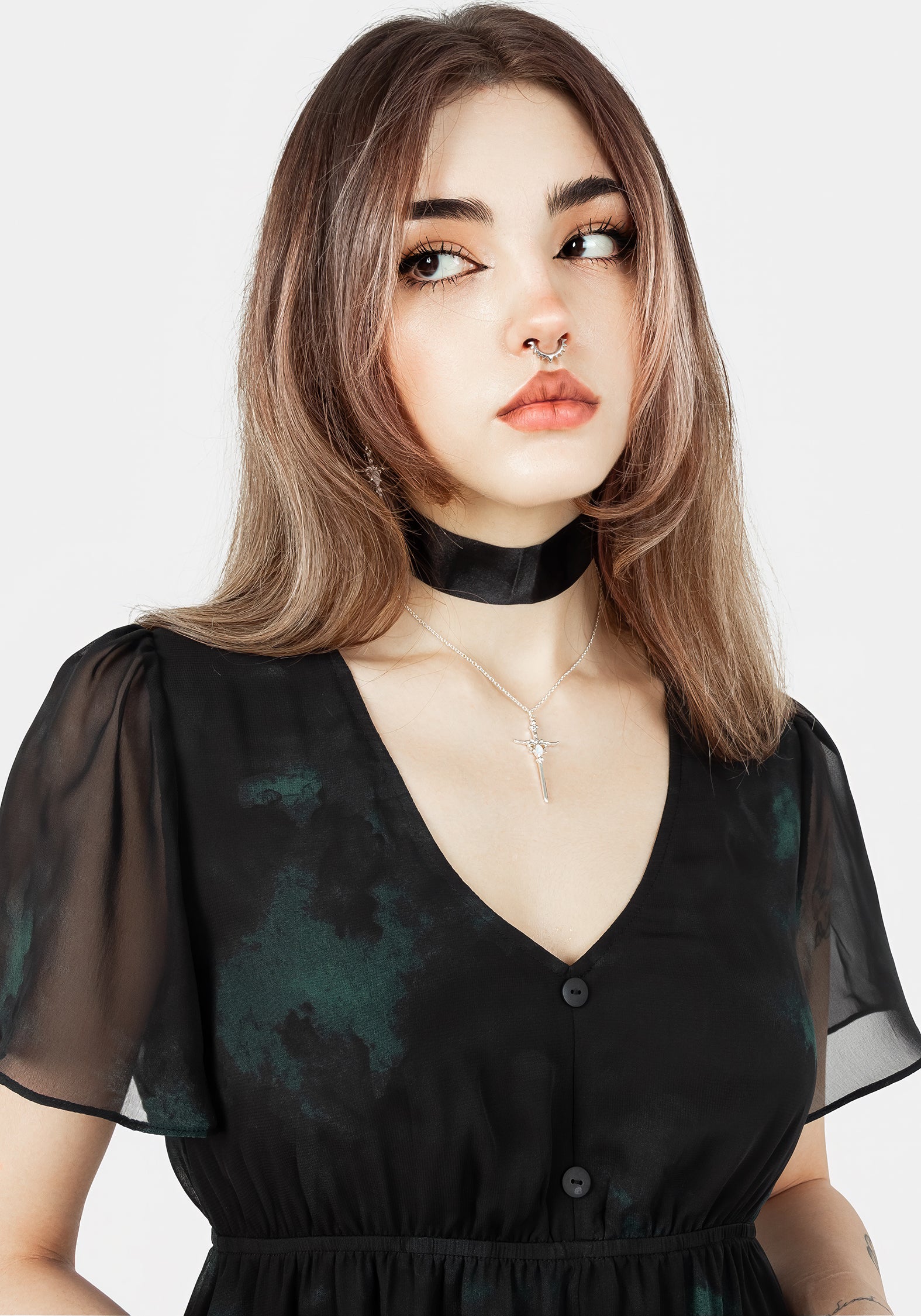 Green & Black Chiffon Midi Dress with V-Neck & Button Front | Liubov