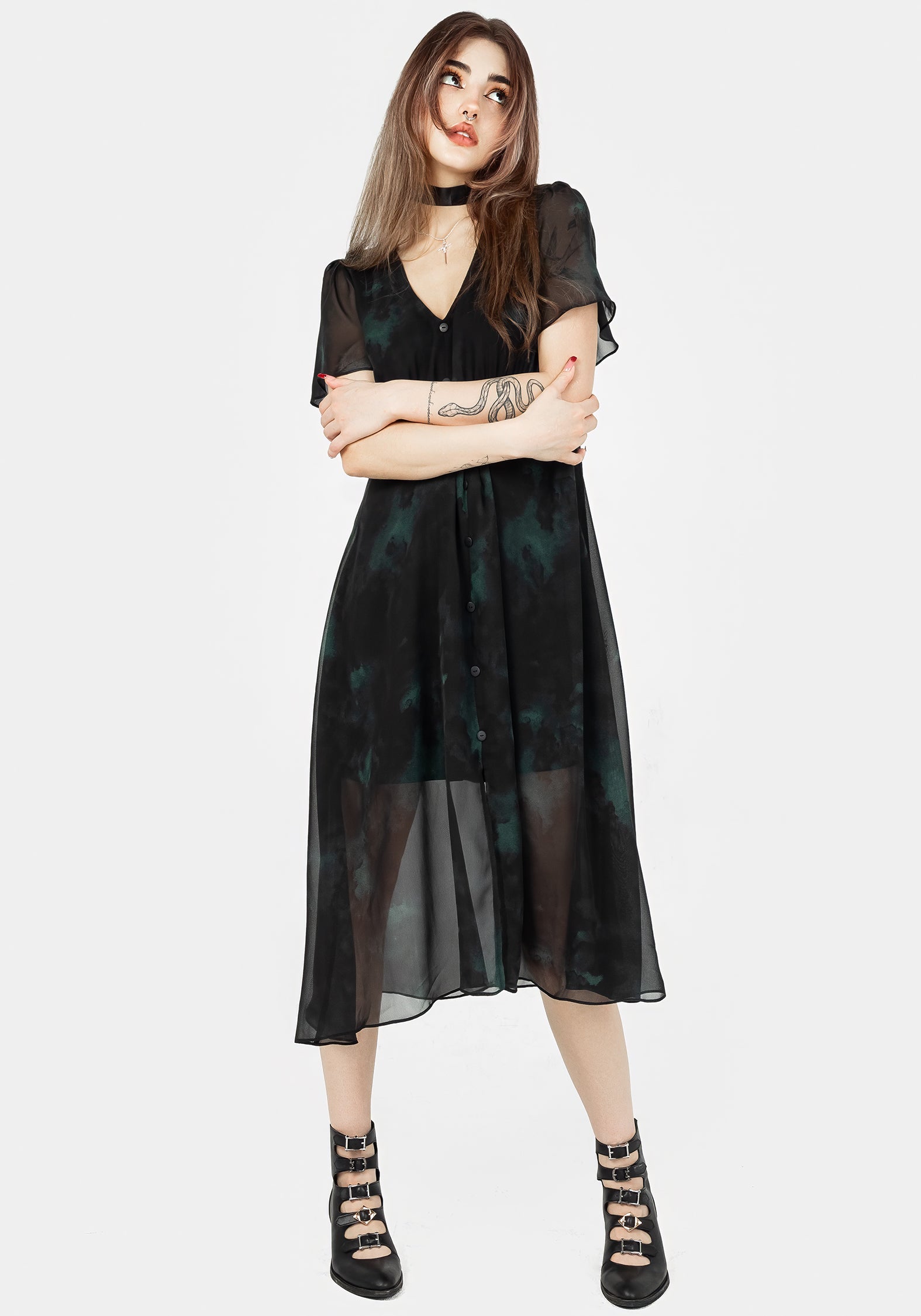 Green & Black Chiffon Midi Dress with V-Neck & Button Front | Liubov