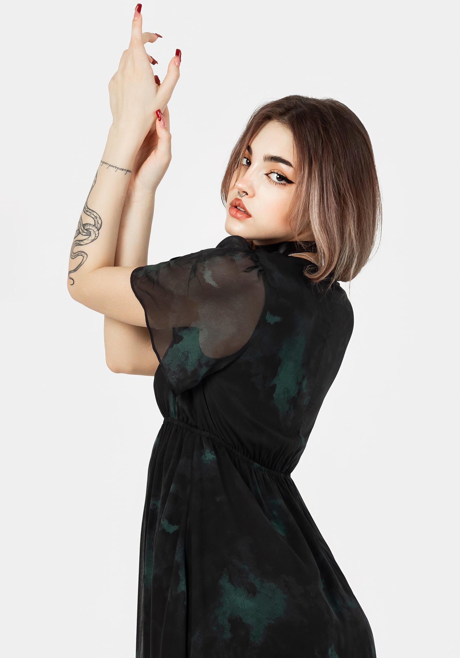 Green & Black Chiffon Midi Dress with V-Neck & Button Front | Liubov