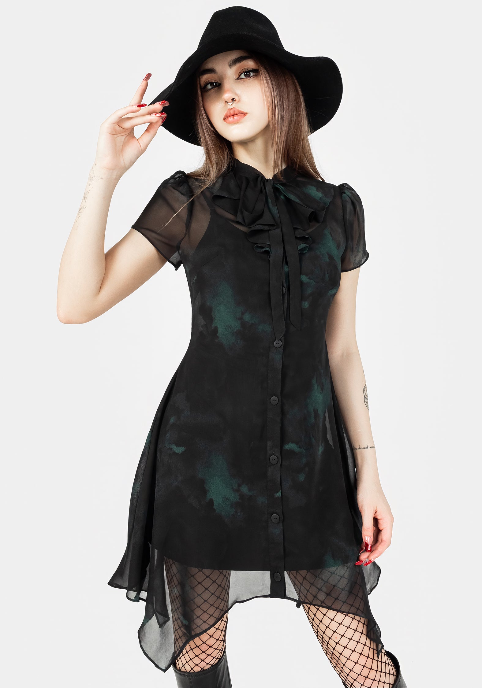 Green & Black Chiffon Shirt Dress with Ruffled Collar | Liubov