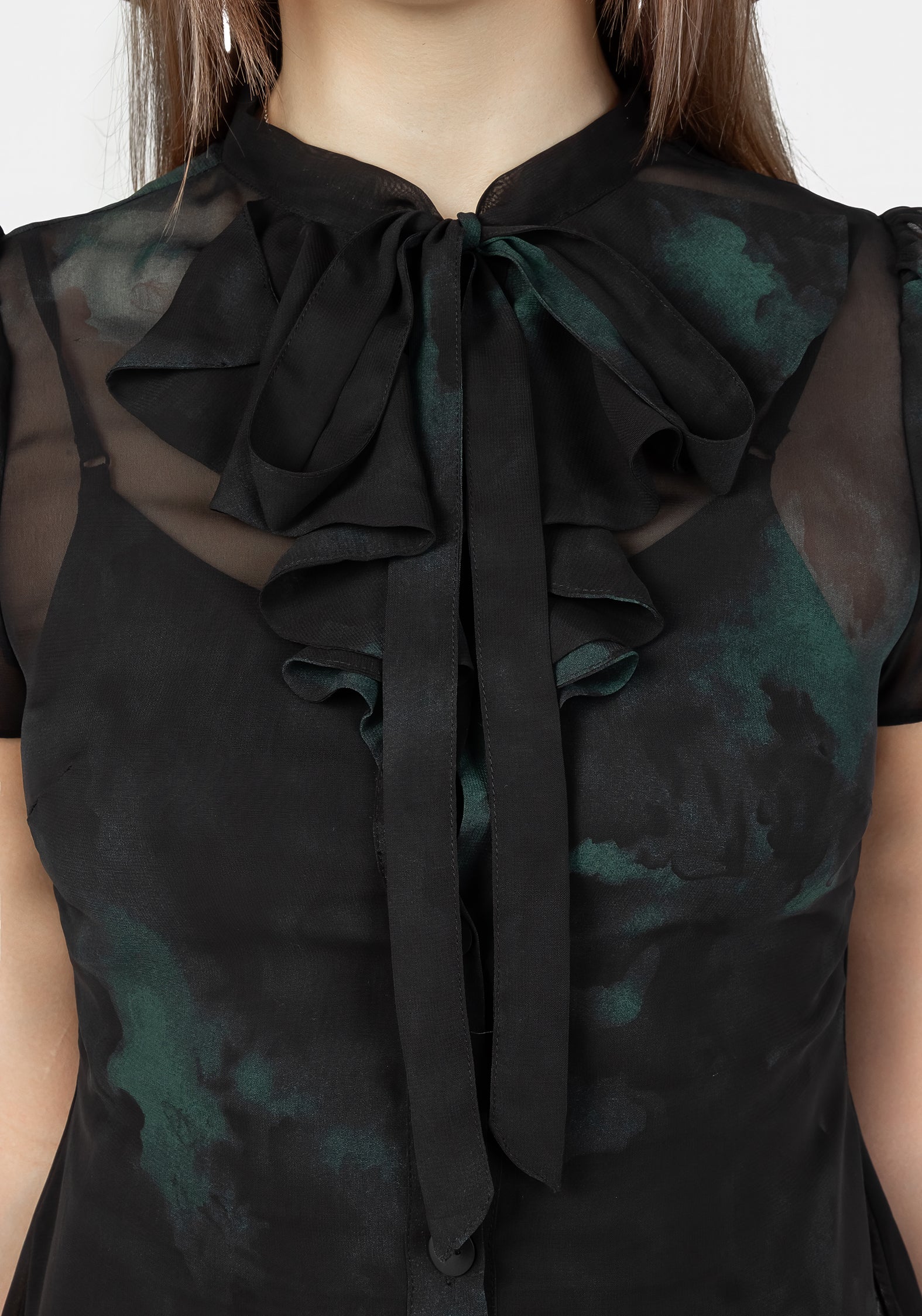 Green & Black Chiffon Shirt Dress with Ruffled Collar | Liubov
