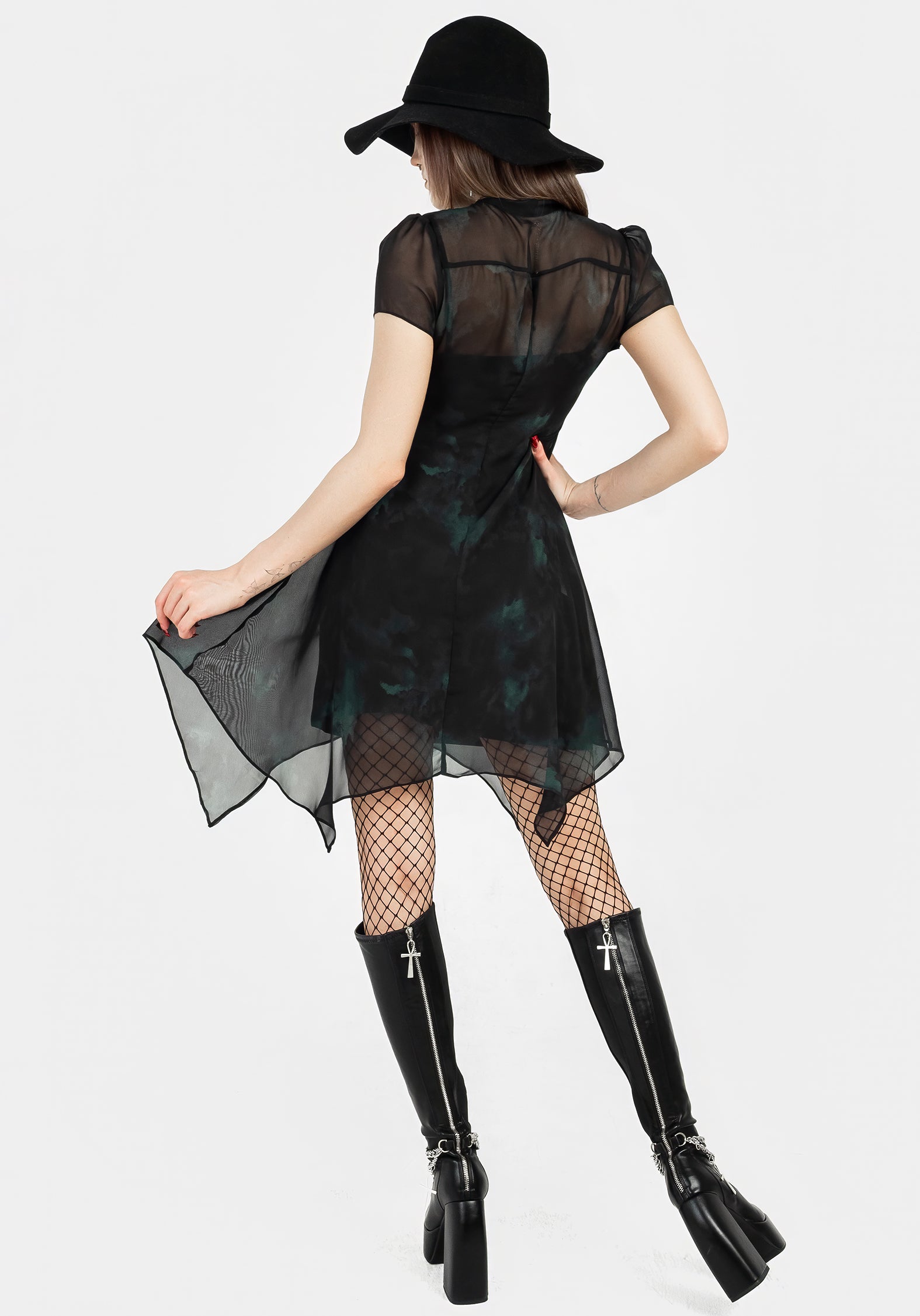 Green & Black Chiffon Shirt Dress with Ruffled Collar | Liubov