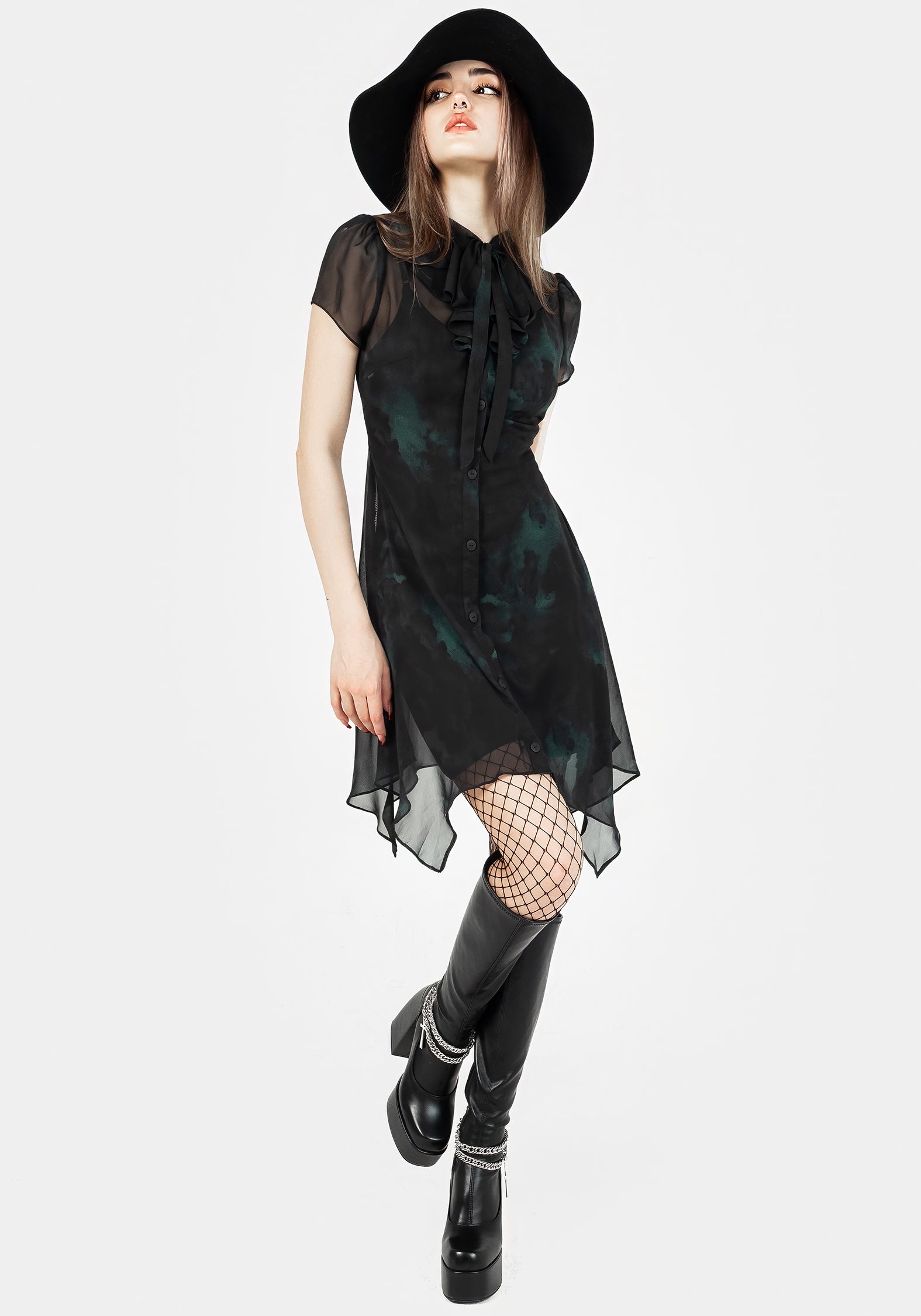 Green & Black Chiffon Shirt Dress with Ruffled Collar | Liubov