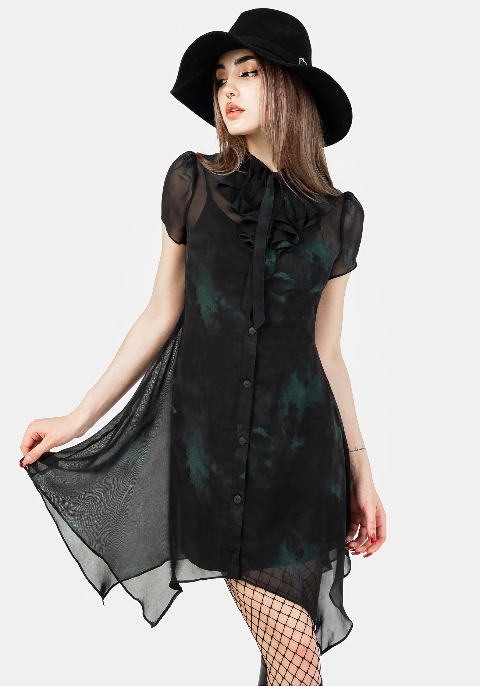 Green & Black Chiffon Shirt Dress with Ruffled Collar | Liubov