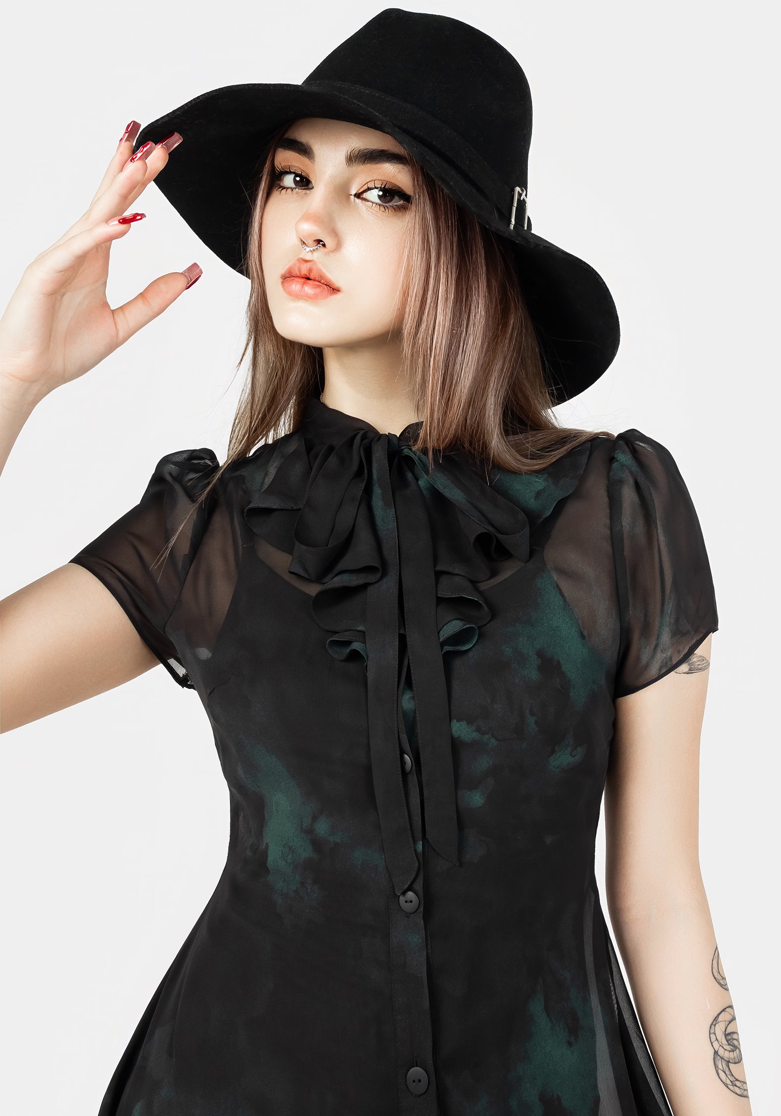 Green & Black Chiffon Shirt Dress with Ruffled Collar | Liubov