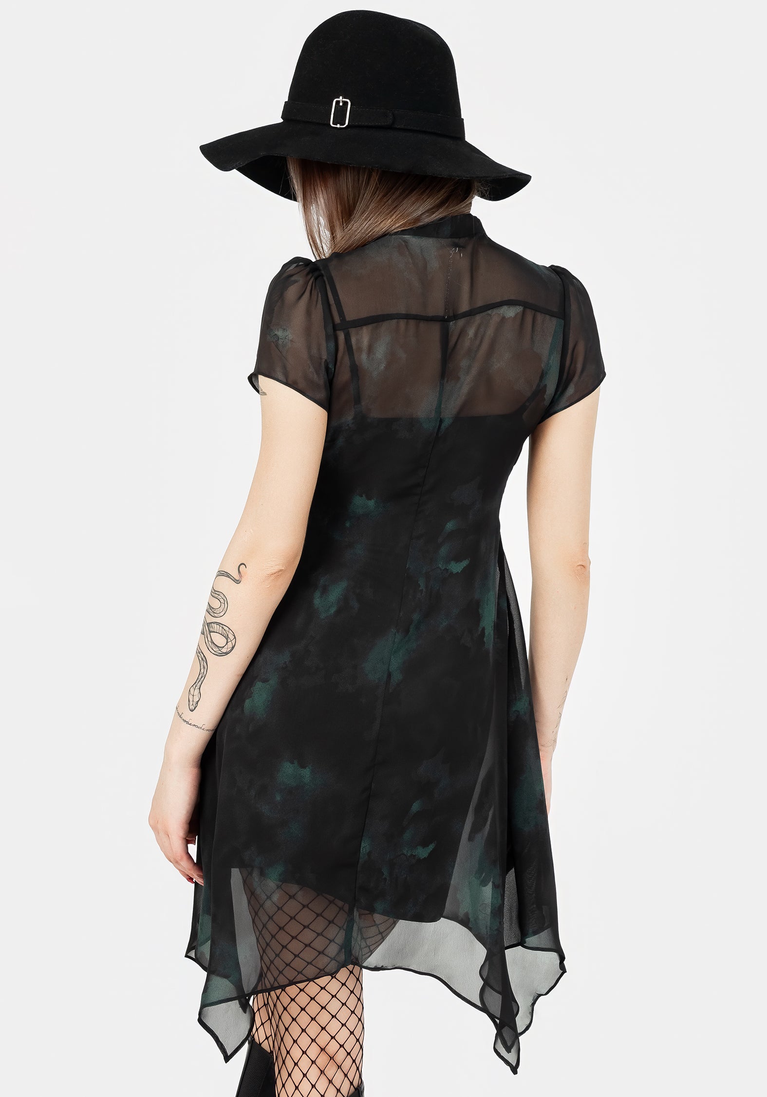 Green & Black Chiffon Shirt Dress with Ruffled Collar | Liubov