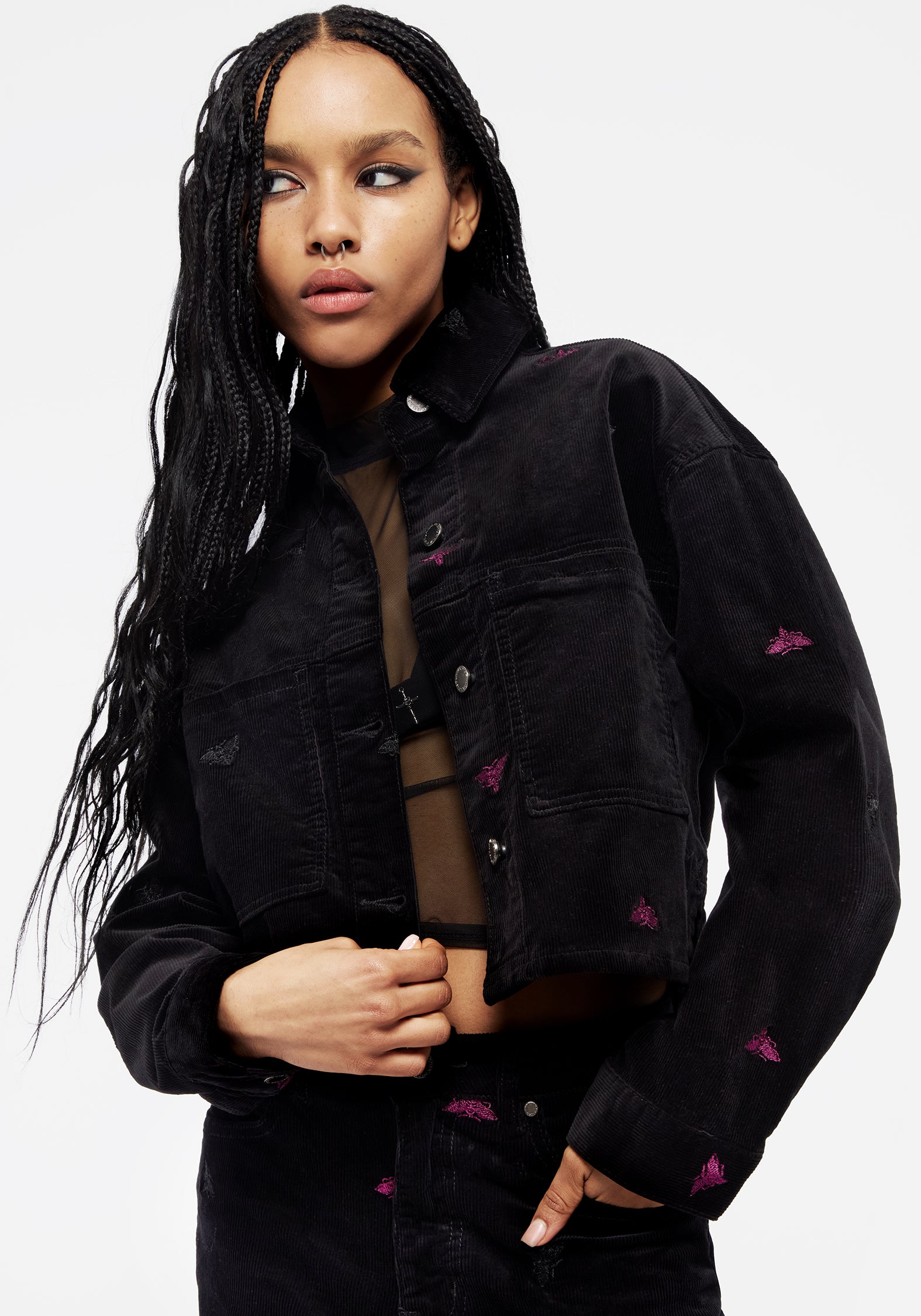 Embroidered Moth Cord Shacket - Relaxed Fit & Button-Up | Styx