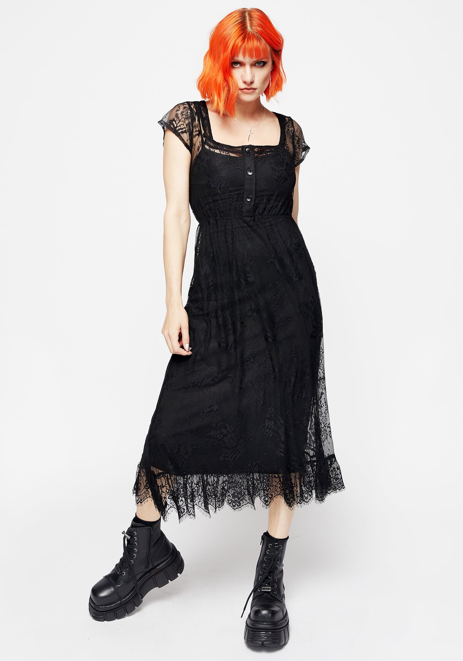 Black Floral Lace Midi Dress with Removable Slip | Delilah