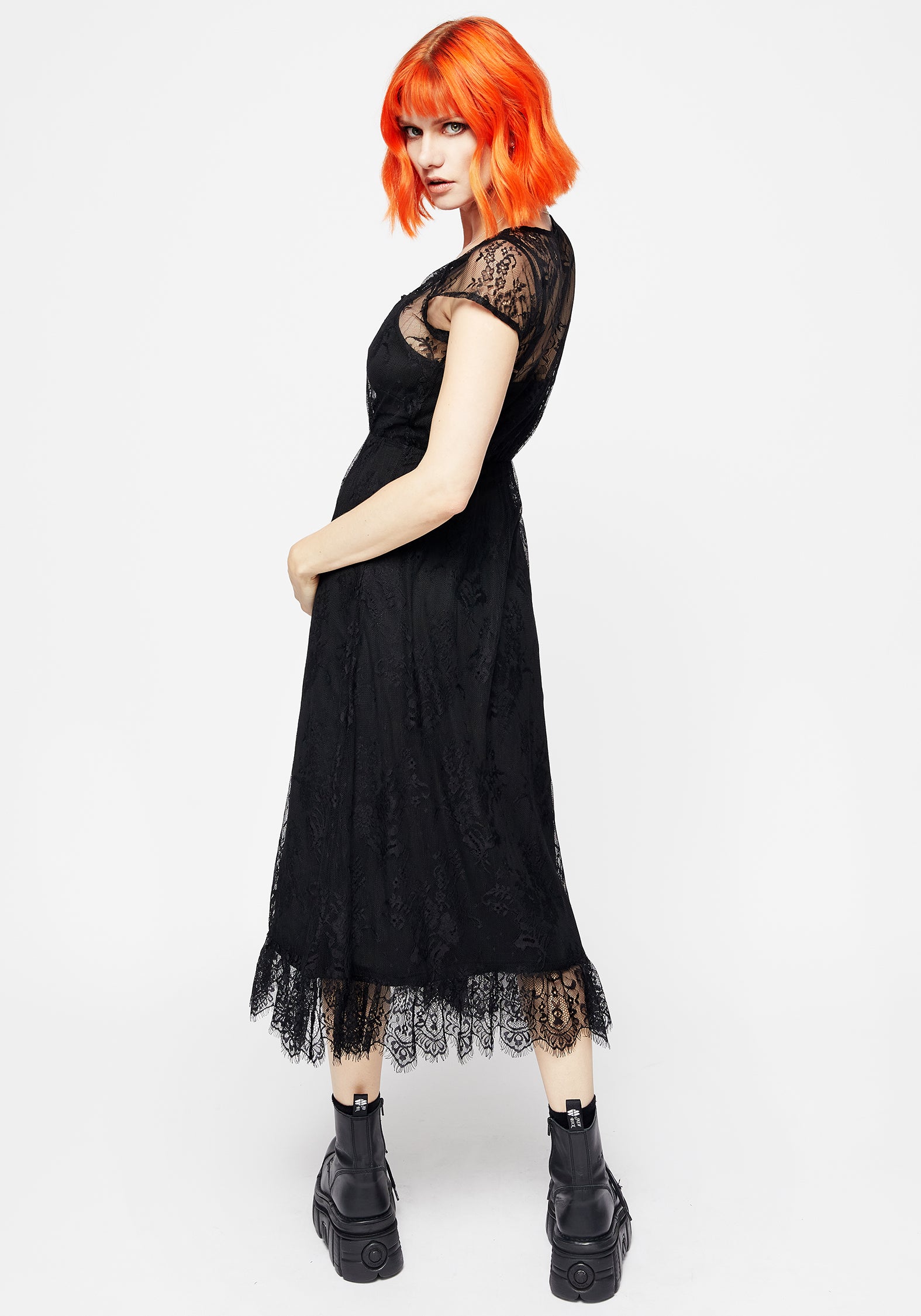 Black Floral Lace Midi Dress with Removable Slip | Delilah