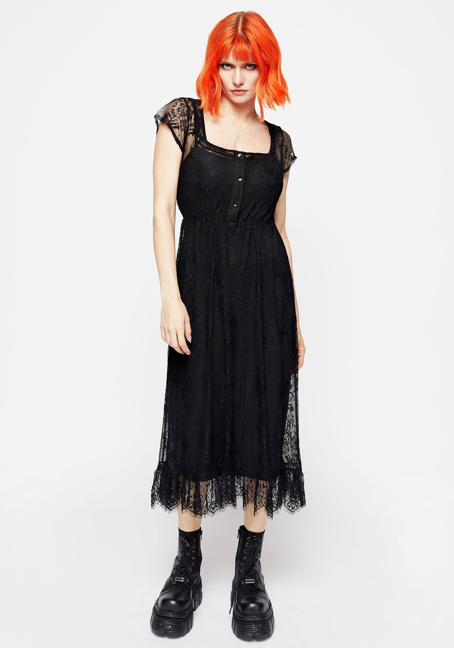 Black Floral Lace Midi Dress with Removable Slip | Delilah