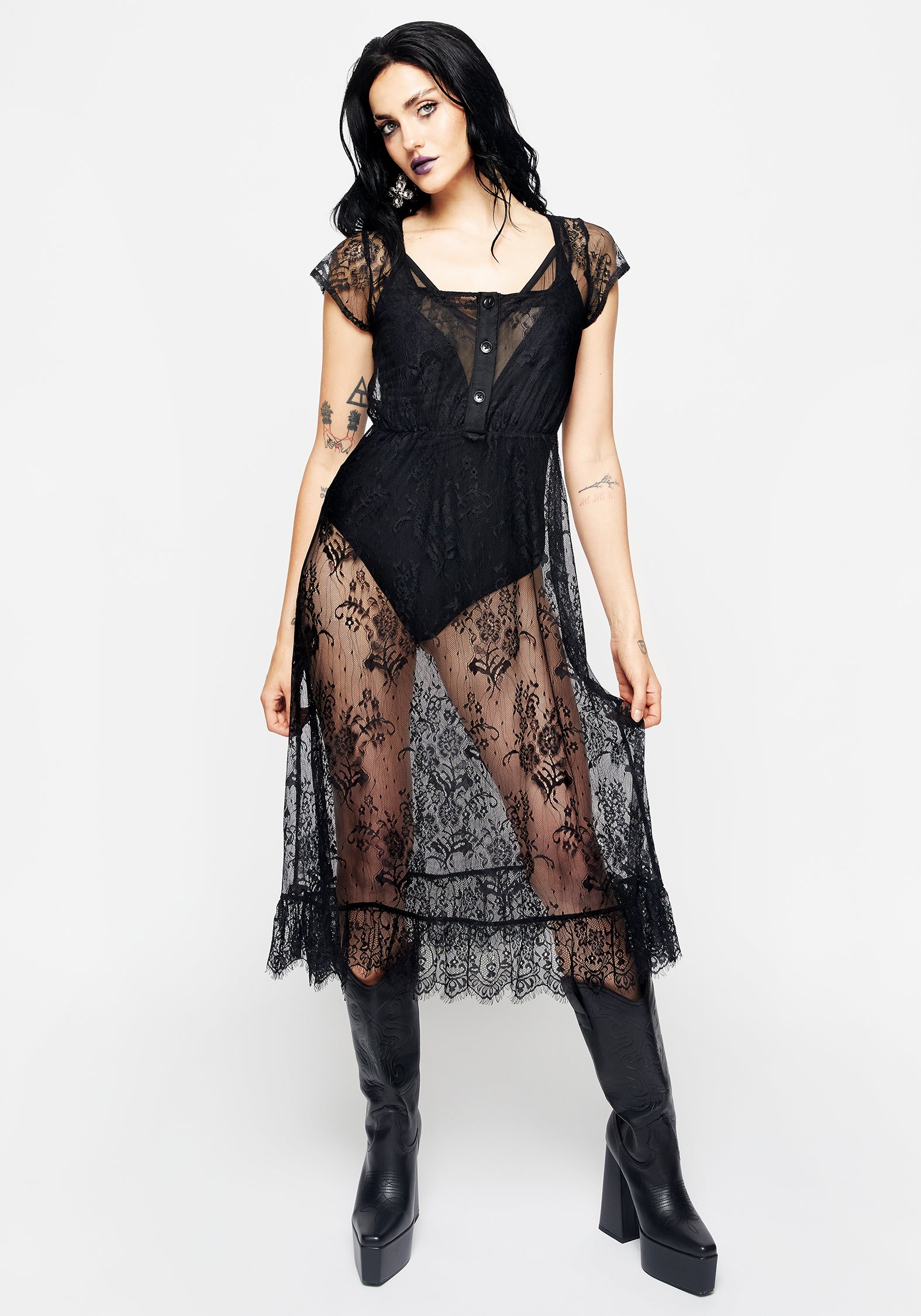 Black Floral Lace Midi Dress with Removable Slip | Delilah