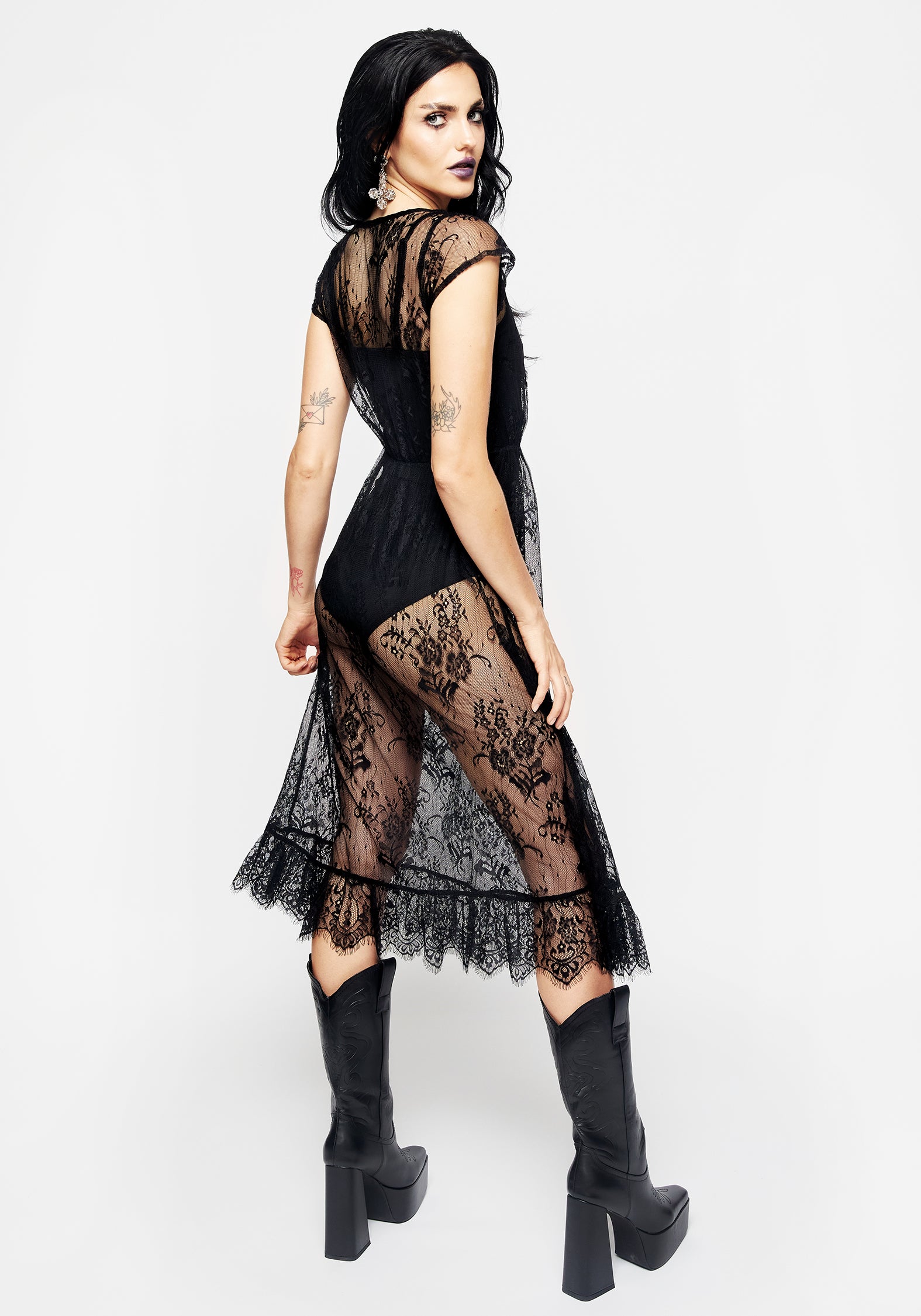 Black Floral Lace Midi Dress with Removable Slip | Delilah